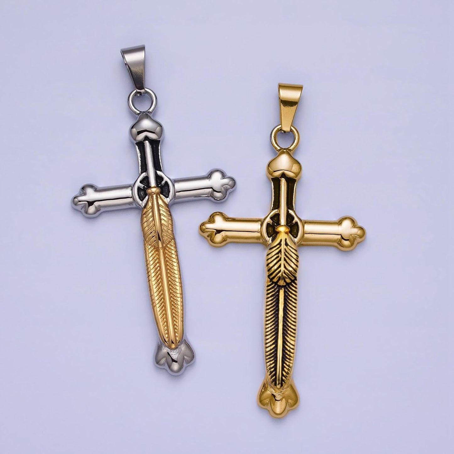 Stainless steel sword charm men cross pendant in gold & silver statement christian catholic jewelry | p-1150