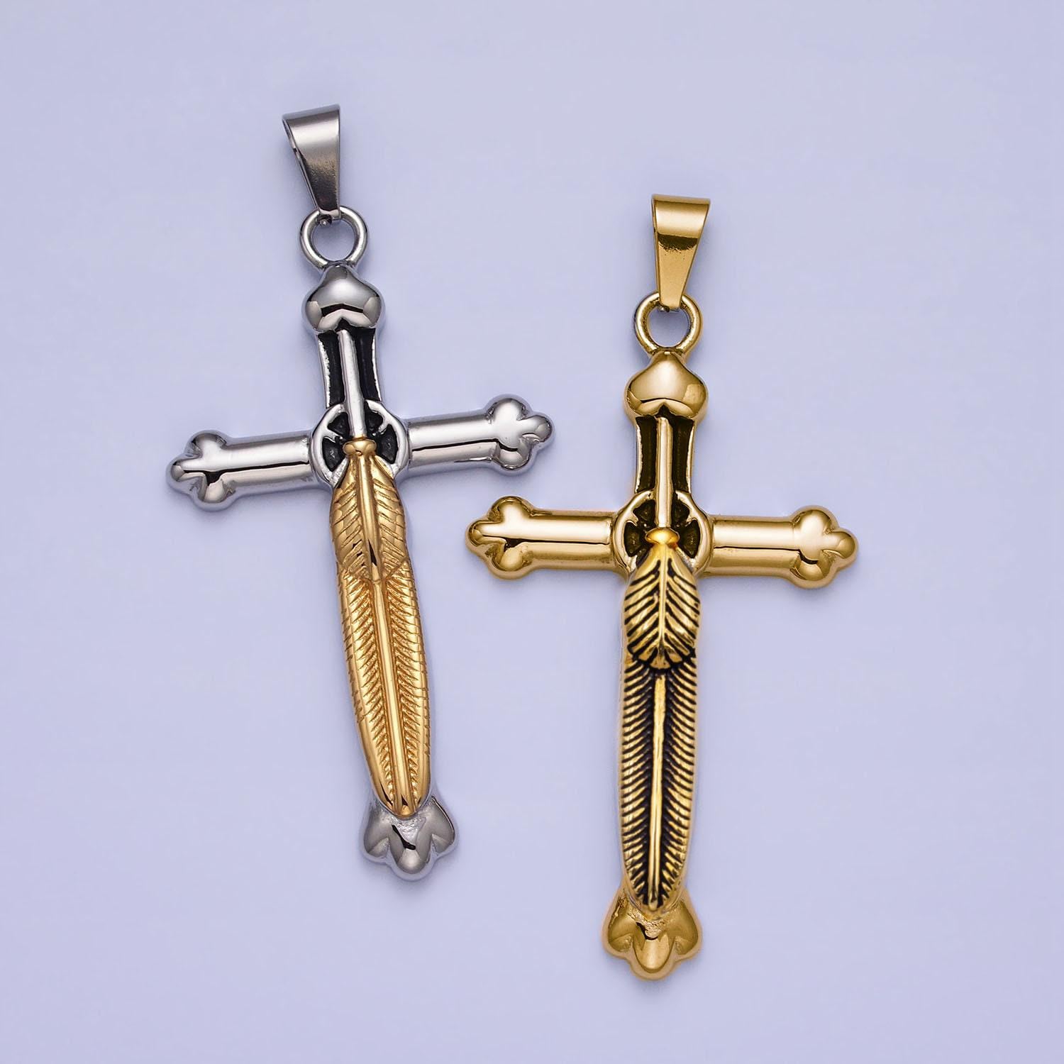 Stainless steel sword charm men cross pendant in gold & silver statement christian catholic jewelry | p-1150