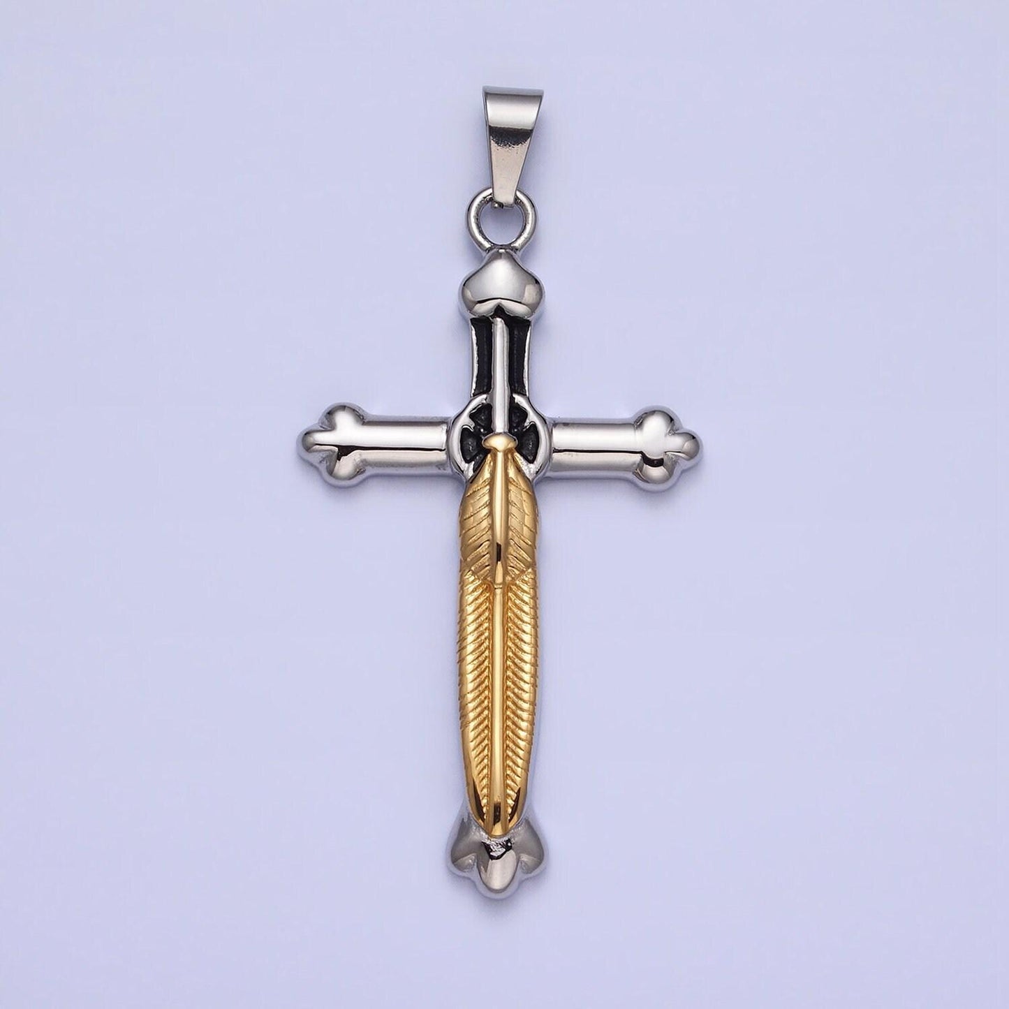 Stainless steel sword charm men cross pendant in gold & silver statement christian catholic jewelry | p-1150