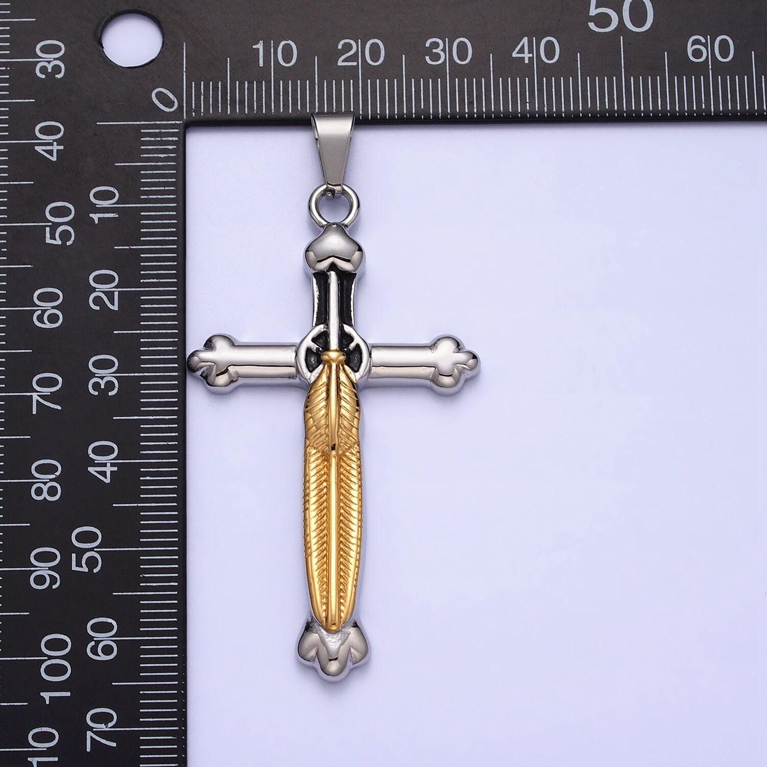 Stainless steel sword charm men cross pendant in gold & silver statement christian catholic jewelry | p-1150