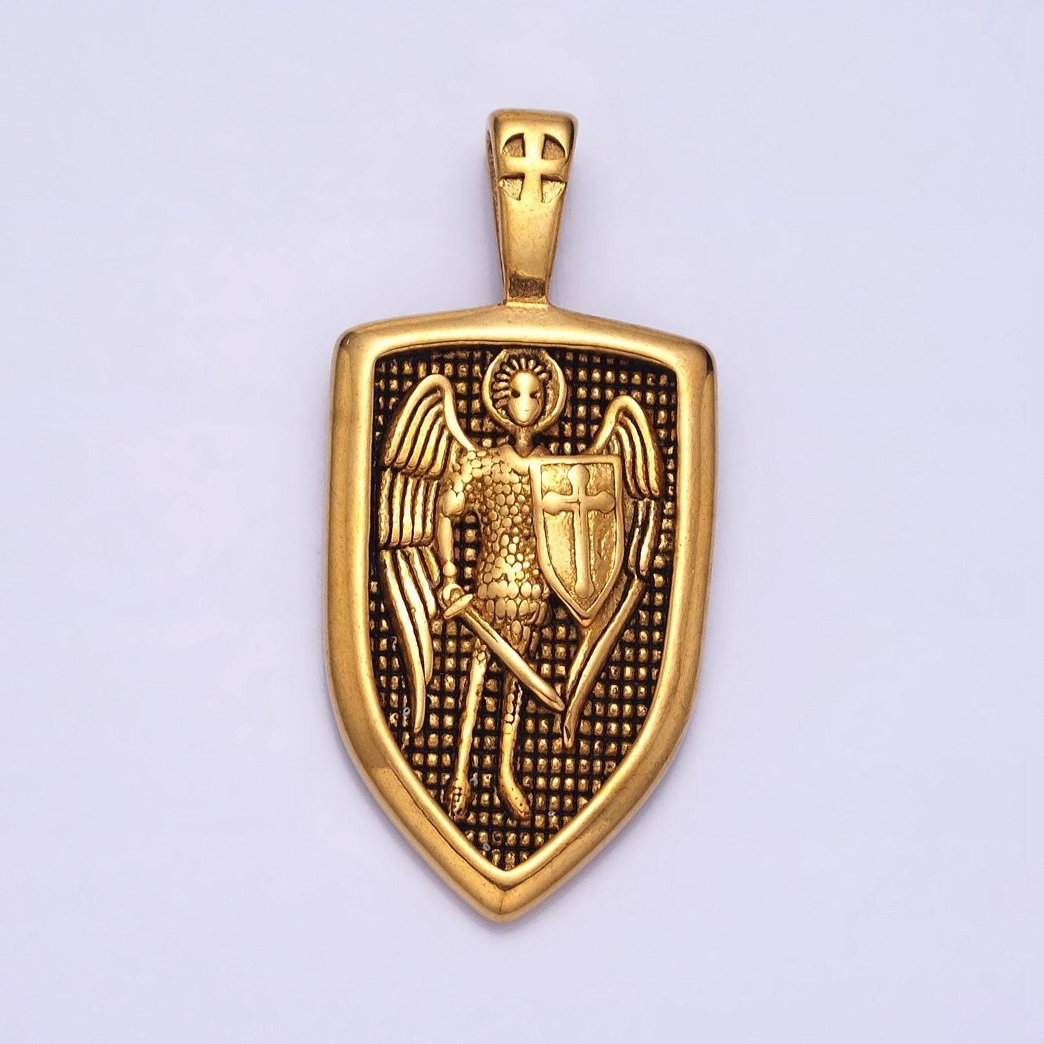 Stainless steel archangel saint michael mens necklace pendant christian archangel medallion, st michael shield charm for necklace p-1136