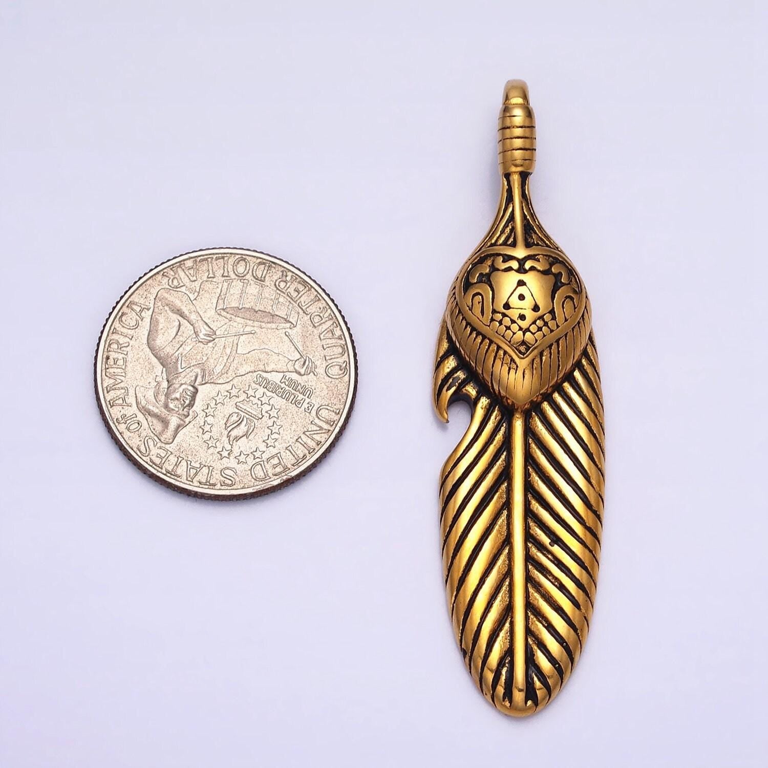 Men indian feather charm stainless steel tribe charm in antique silver gold heavy hard pendant lead nickel free tarnish free | p-1139
