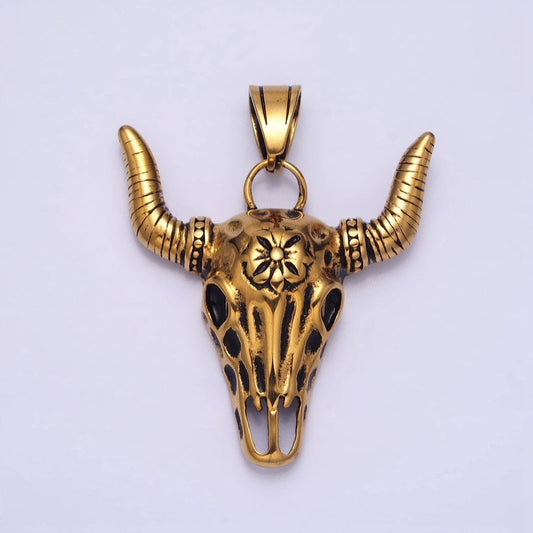 Antique gold stainless steel engraved bull ox cow head with horn pendant devil satanic men jewelry | p-1135