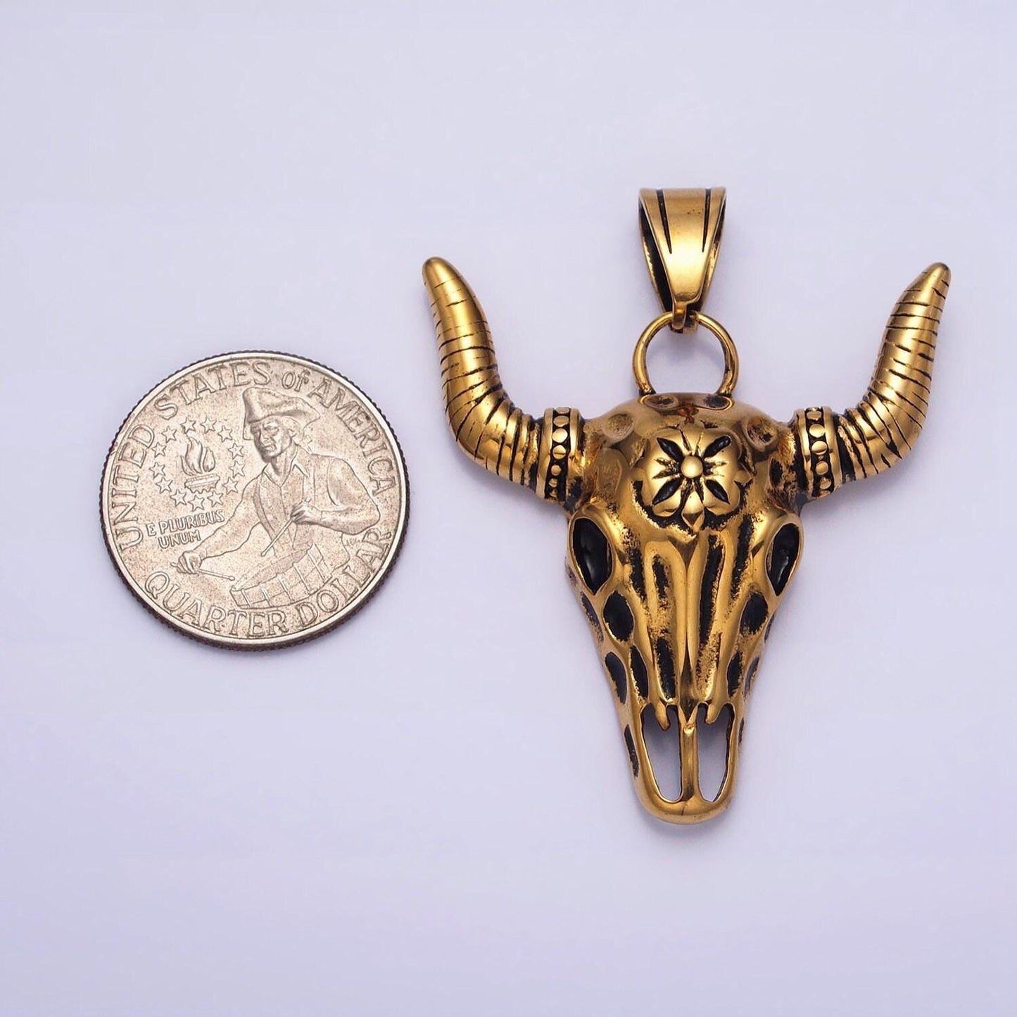 Antique gold stainless steel engraved bull ox cow head with horn pendant devil satanic men jewelry | p-1135