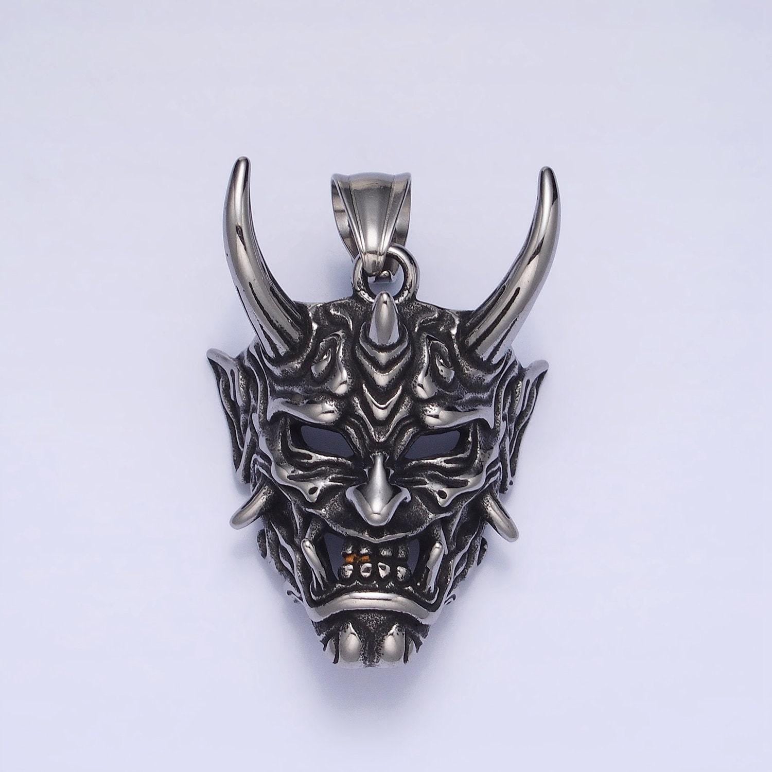 Men japanese devil hannya mask necklace pendant stainless steel 3d devil satan halloween emo jewelry inspired p-1133