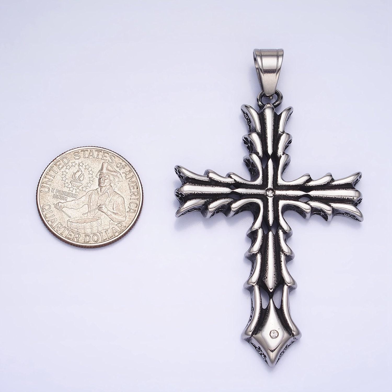Men fire cross charm stainless steel dangle charm in silver color religious heavy hard pendant lead nickel free tarnish free | p-1131