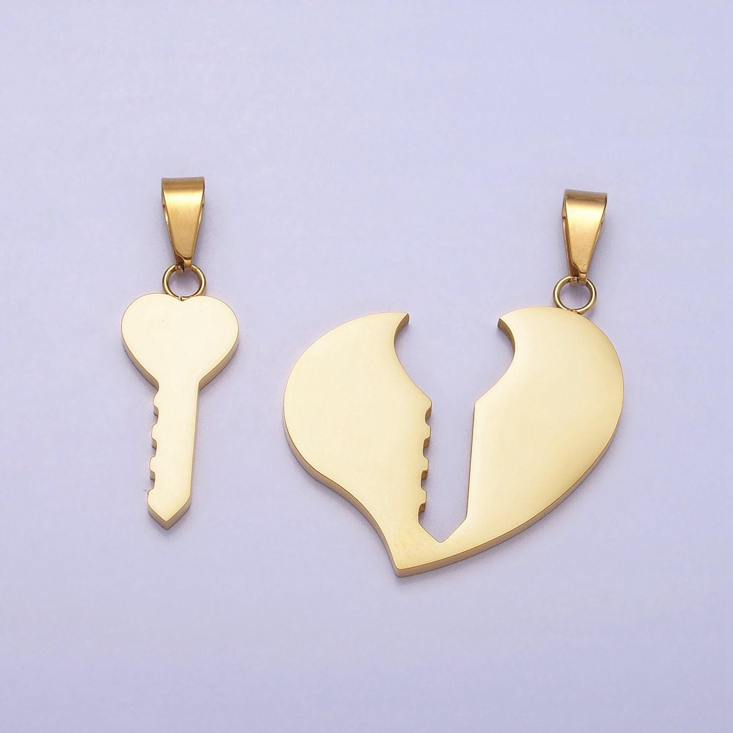 1 set stainless steel gold key pendant charm - key to my heart love necklace charm for couple handmade jewelry gift idea p-1124