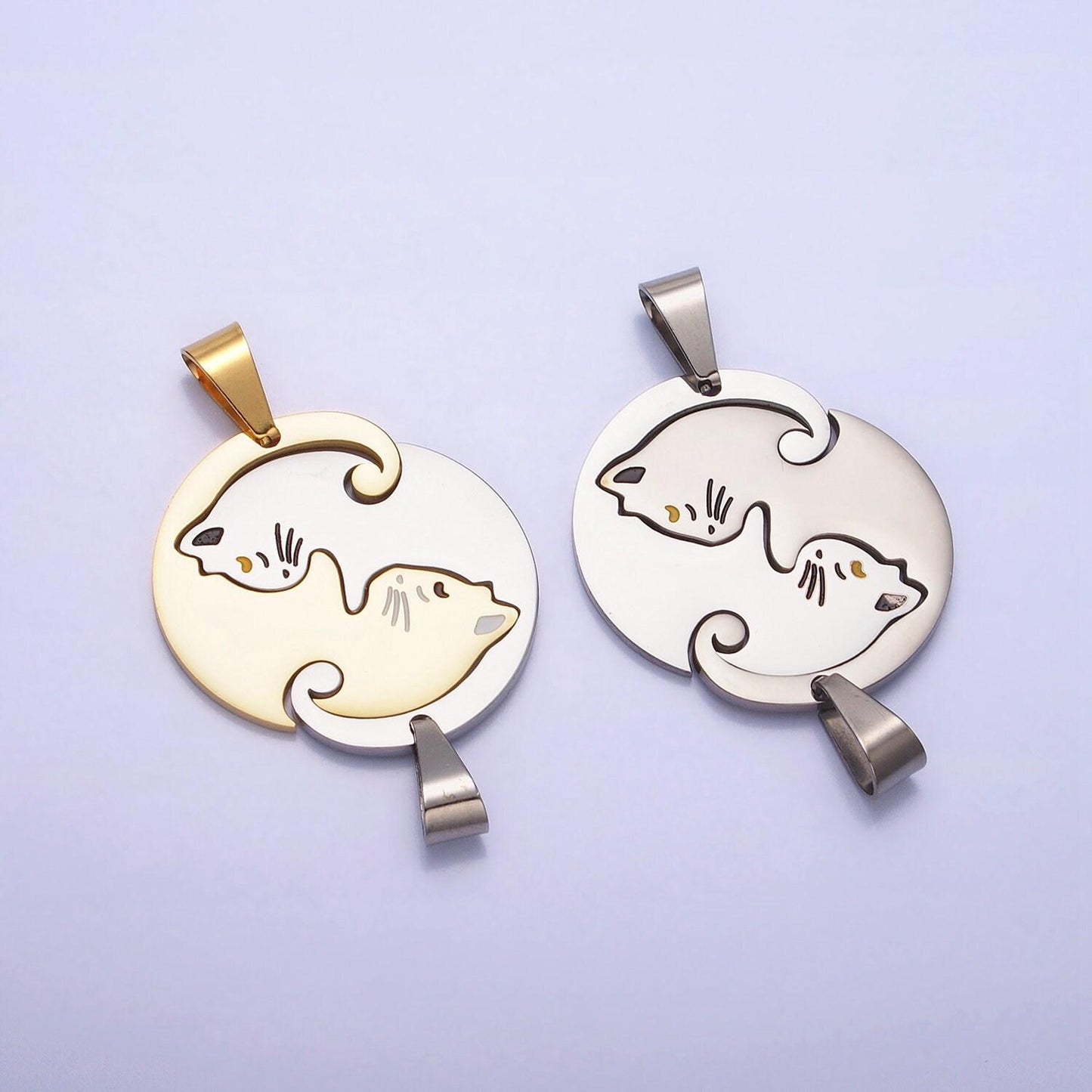1 set stainless steel sleeping kitty cat couple's friendship pendant set in gold & silver kitten animal lover pet jewelry collar | p-1122