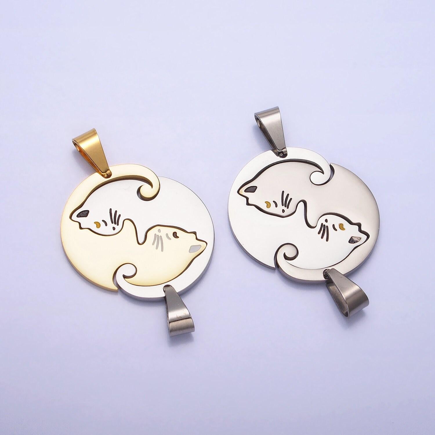 1 set stainless steel sleeping kitty cat couple's friendship pendant set in gold & silver kitten animal lover pet jewelry collar | p-1122