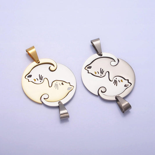 1 set stainless steel sleeping kitty cat couple's friendship pendant set in gold & silver kitten animal lover pet jewelry collar | p-1122