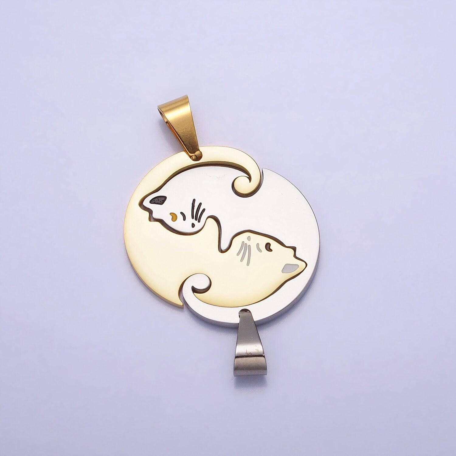 1 set stainless steel sleeping kitty cat couple's friendship pendant set in gold & silver kitten animal lover pet jewelry collar | p-1122