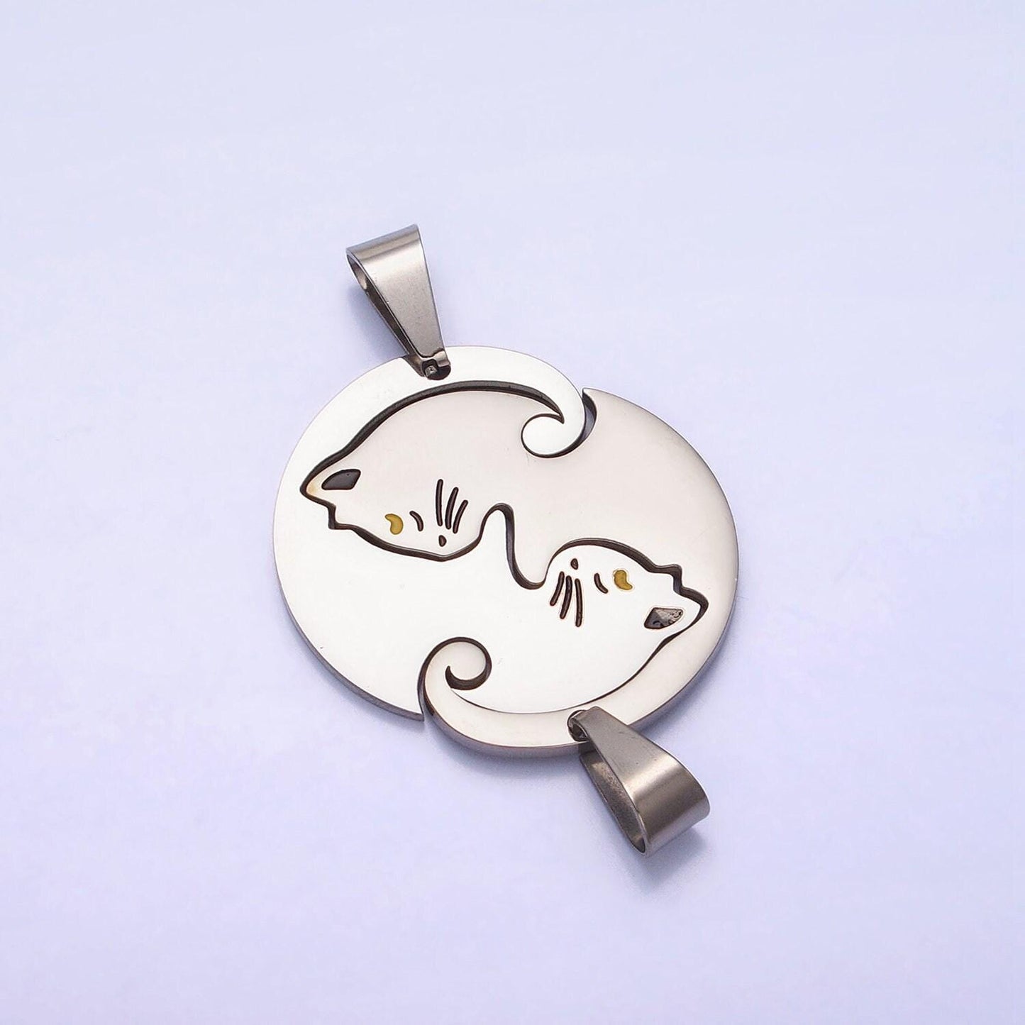 1 set stainless steel sleeping kitty cat couple's friendship pendant set in gold & silver kitten animal lover pet jewelry collar | p-1122