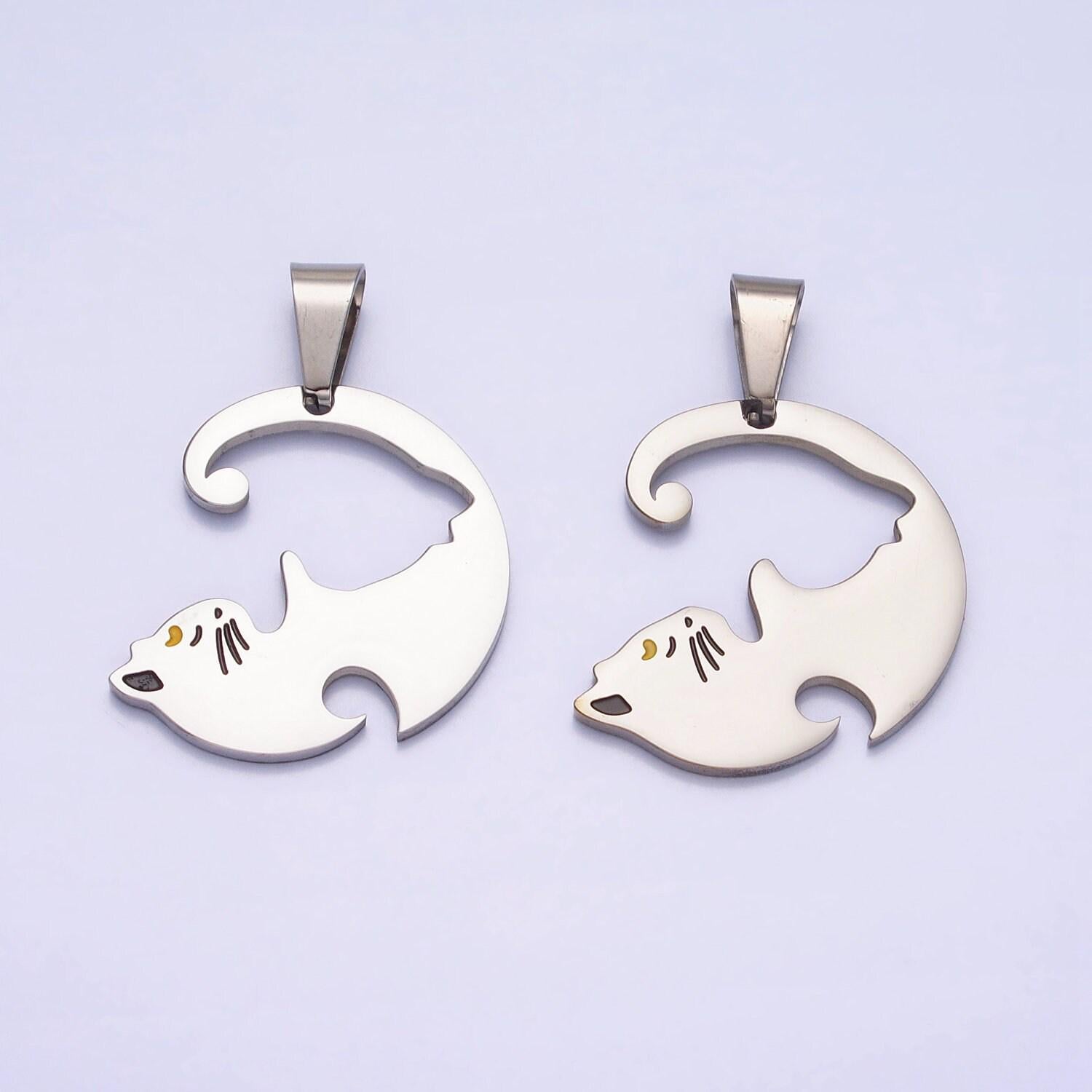 1 set stainless steel sleeping kitty cat couple's friendship pendant set in gold & silver kitten animal lover pet jewelry collar | p-1122
