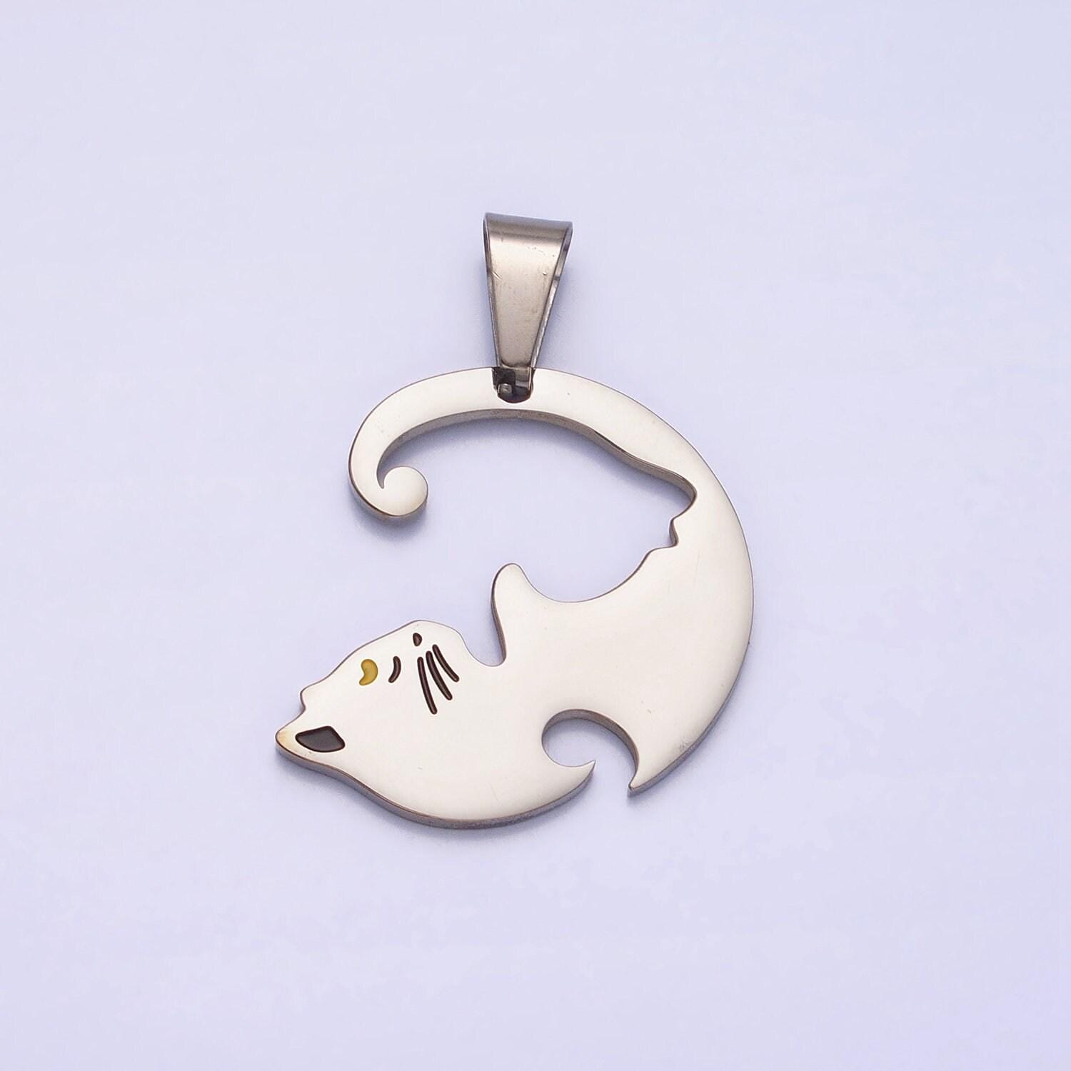 1 set stainless steel sleeping kitty cat couple's friendship pendant set in gold & silver kitten animal lover pet jewelry collar | p-1122