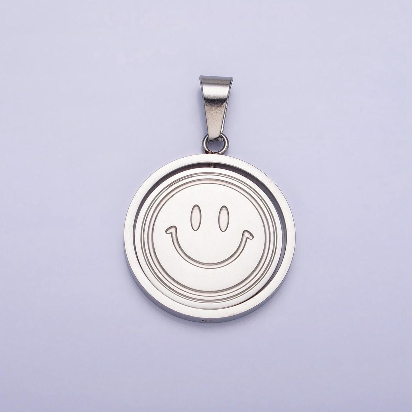 Emotion charm emoticon inspired stainless steel spinning double sided happy face & sad face pendant in gold silver | p-1121