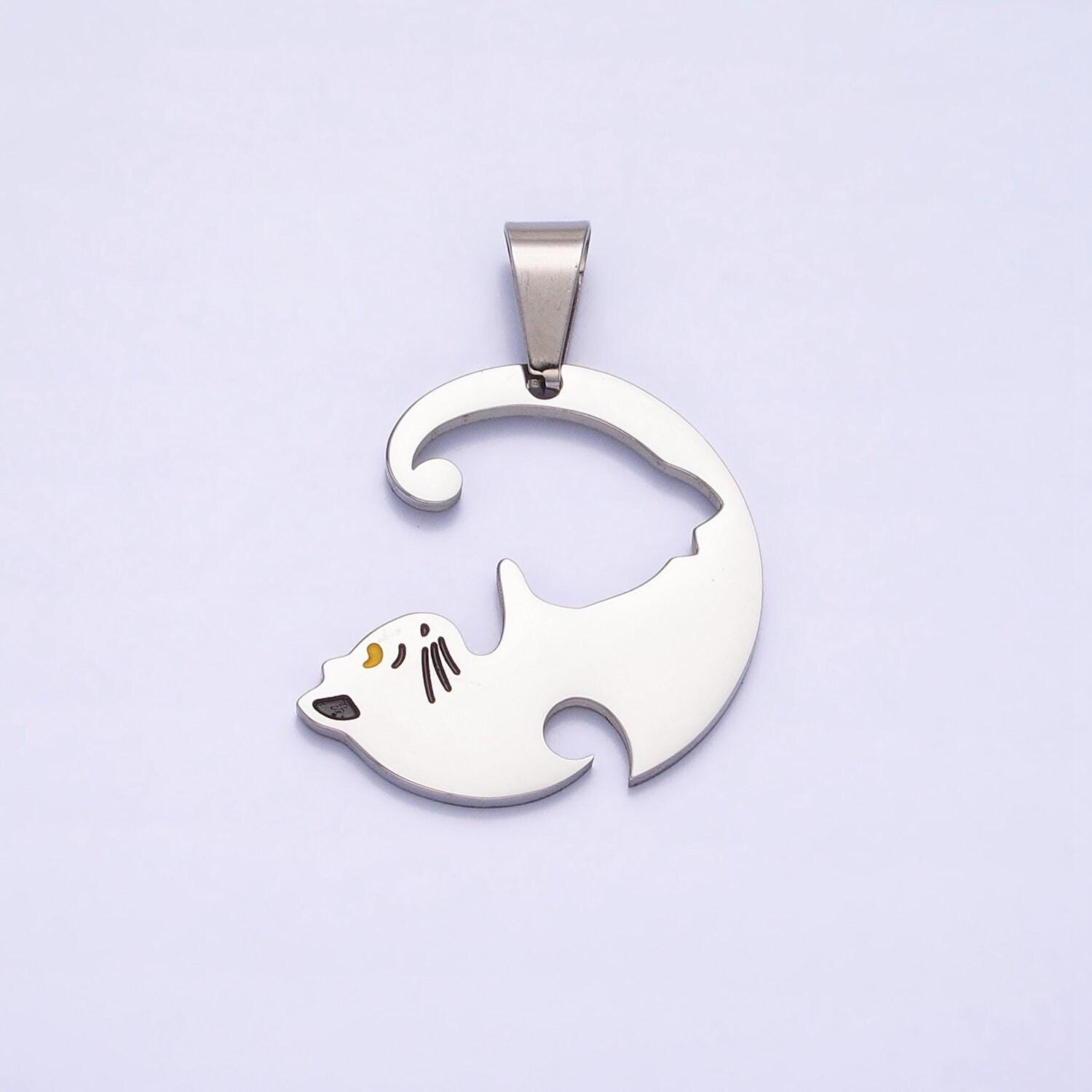 1 set stainless steel sleeping kitty cat couple's friendship pendant set in gold & silver kitten animal lover pet jewelry collar | p-1122