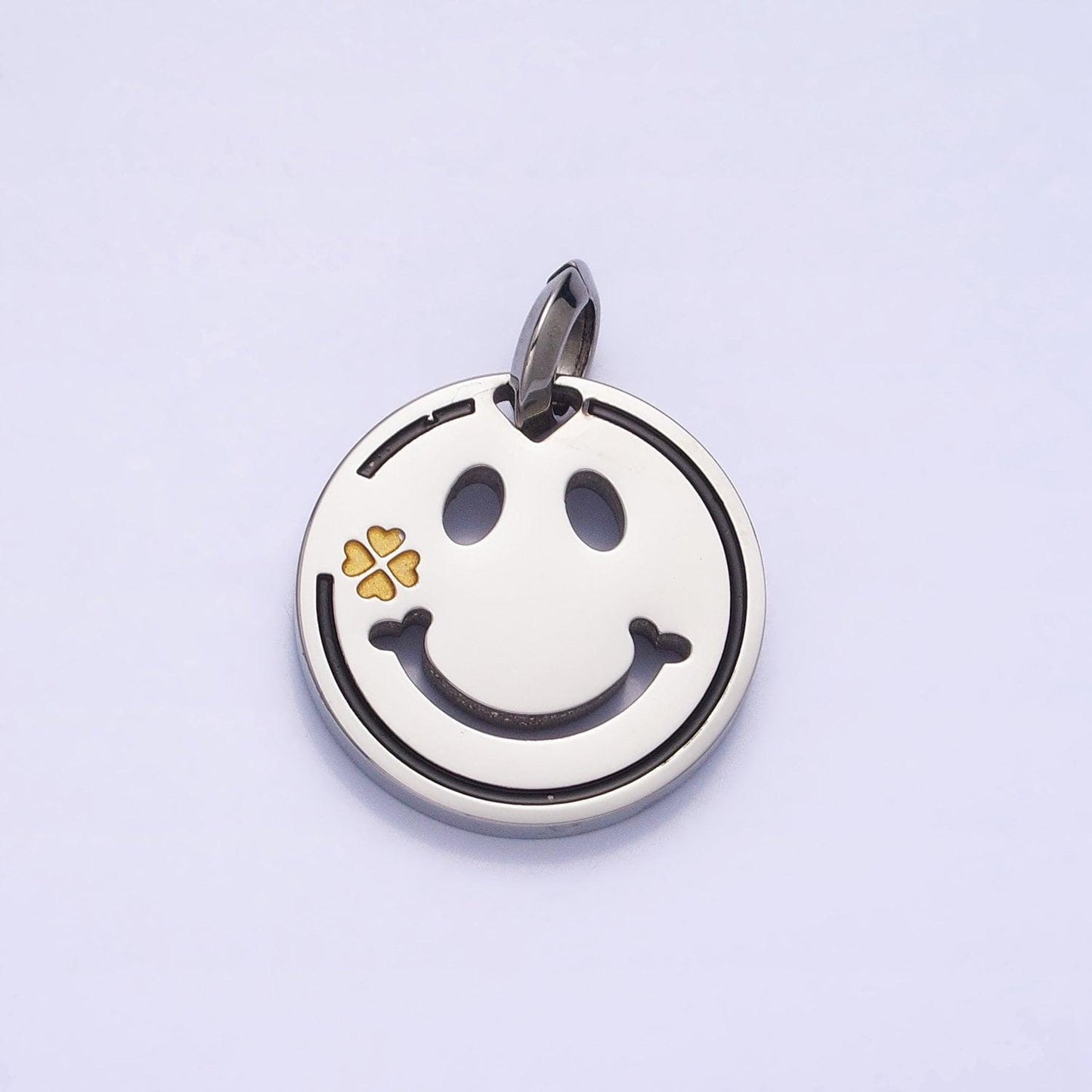 Stainless steel double sided emoji face clover charm in gold & silver boy girl face friendship necklace bracelet | p-1120