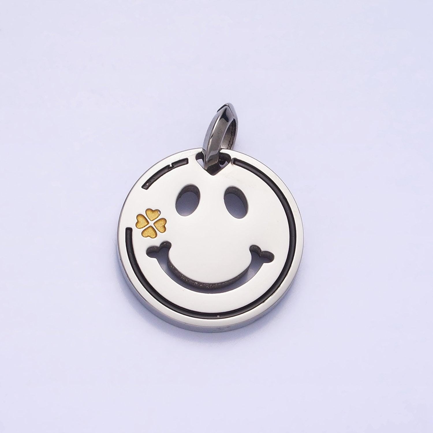 Stainless steel double sided emoji face clover charm in gold & silver boy girl face friendship necklace bracelet | p-1120