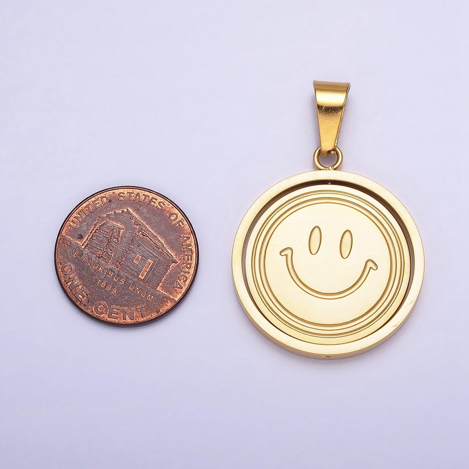 Emotion charm emoticon inspired stainless steel spinning double sided happy face & sad face pendant in gold silver | p-1121