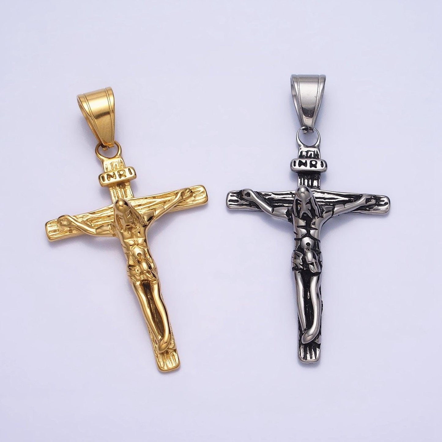 Gold jesus crucifix pendant, silver cross religious jewelry making for men, gift for father, stainless steel man unisex necklace p-1112