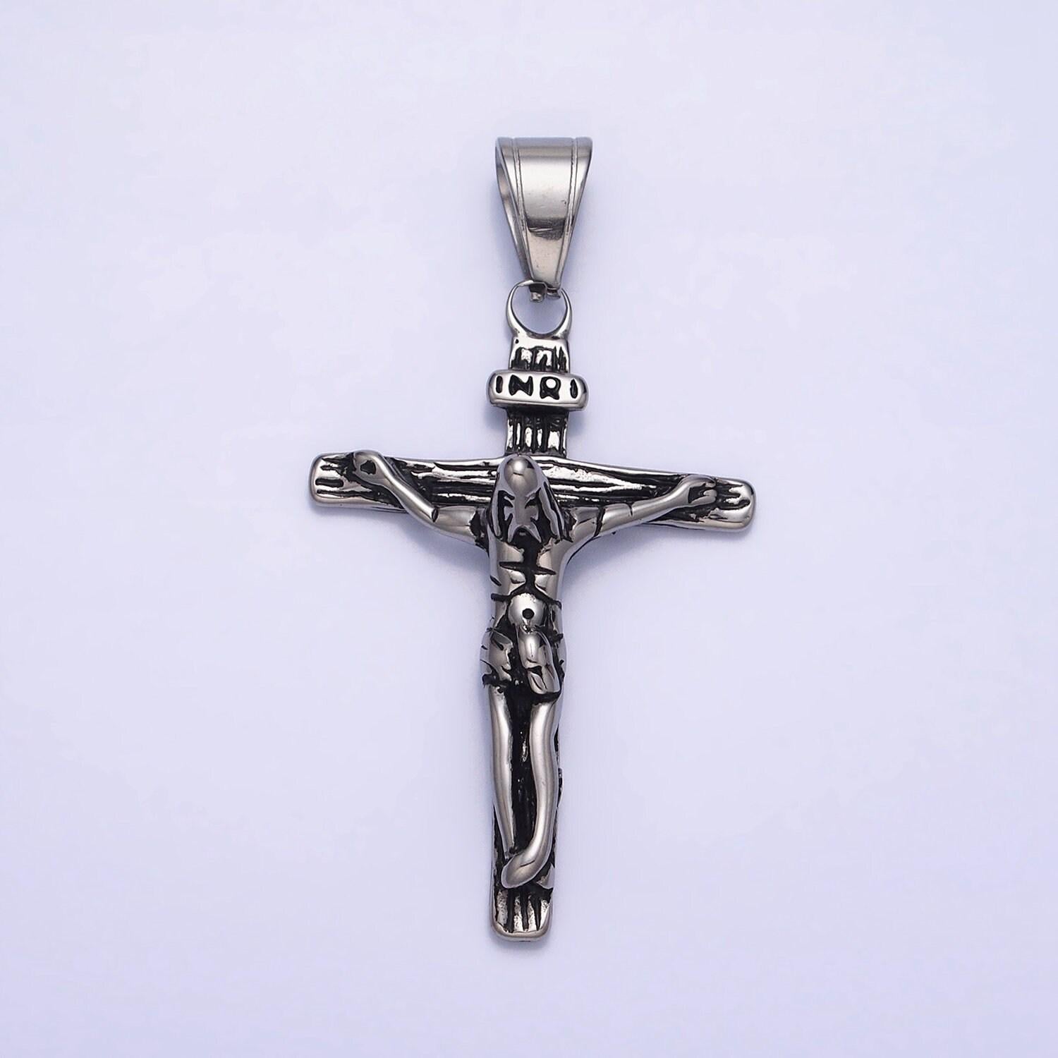 Gold jesus crucifix pendant, silver cross religious jewelry making for men, gift for father, stainless steel man unisex necklace p-1112