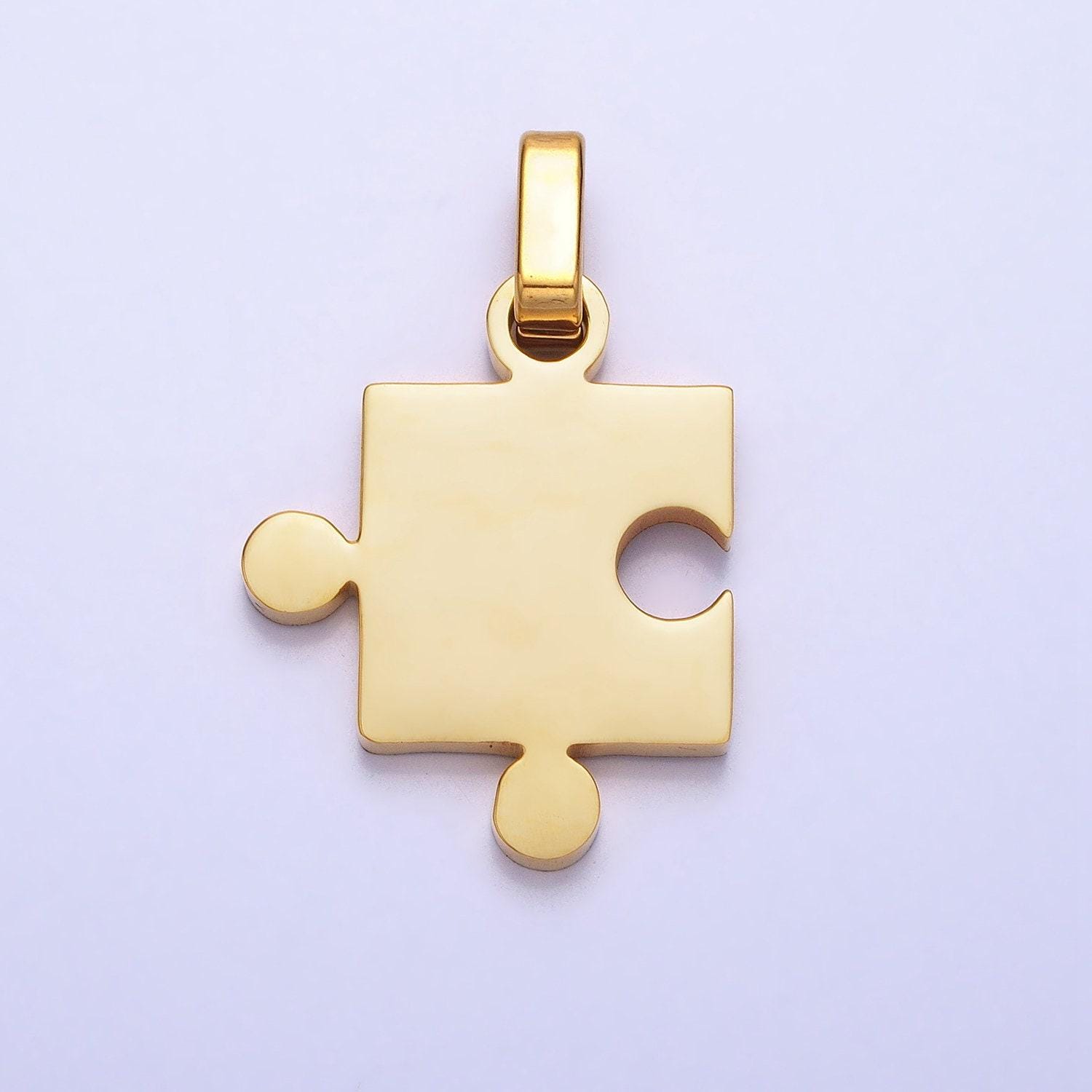 Stainless steel two puzzle pieces pendant in silver & gold autism awareness jewelry inspired | p-1109