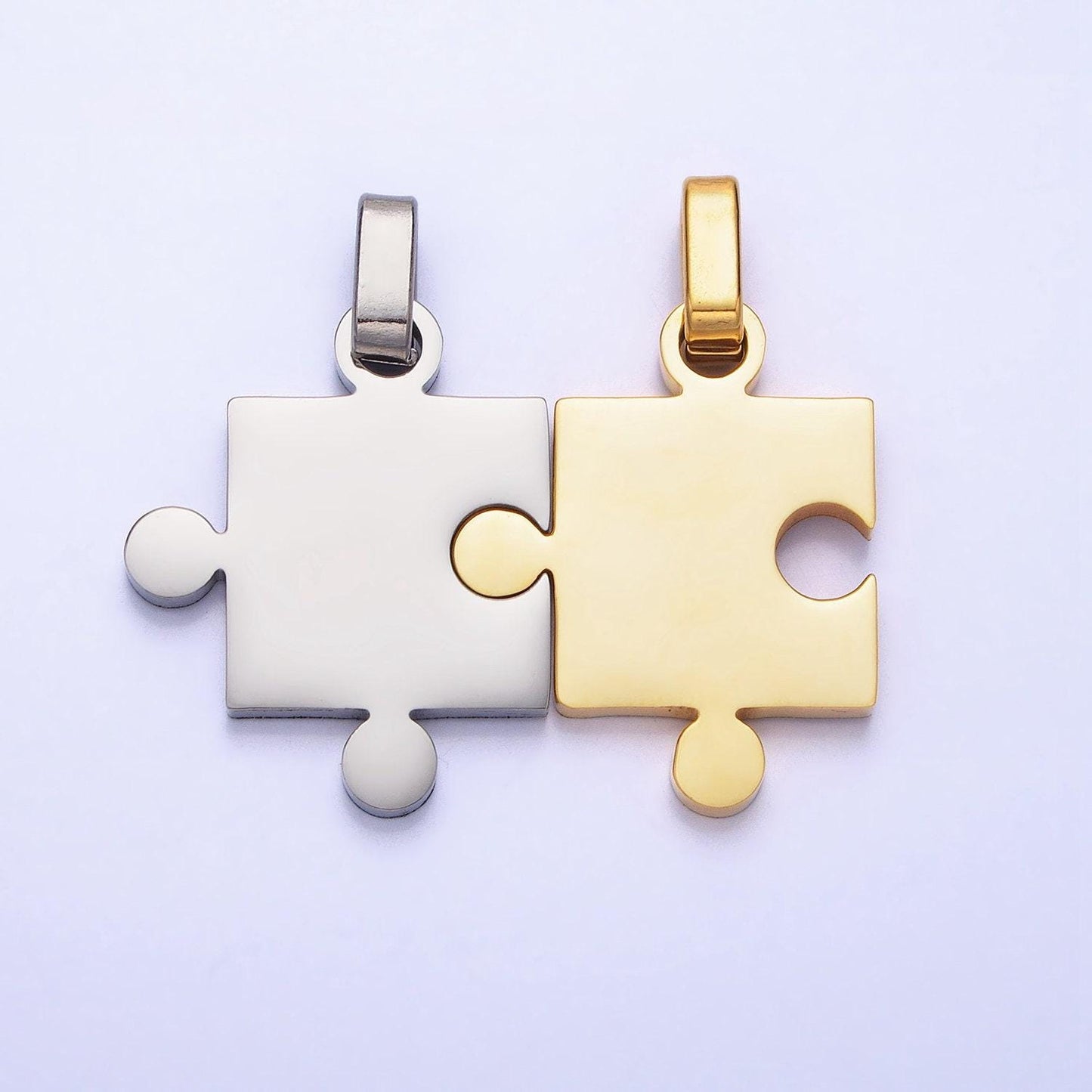 Stainless steel two puzzle pieces pendant in silver & gold autism awareness jewelry inspired | p-1109