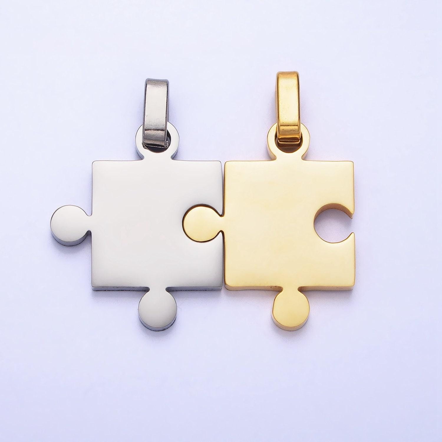 Stainless steel two puzzle pieces pendant in silver & gold autism awareness jewelry inspired | p-1109