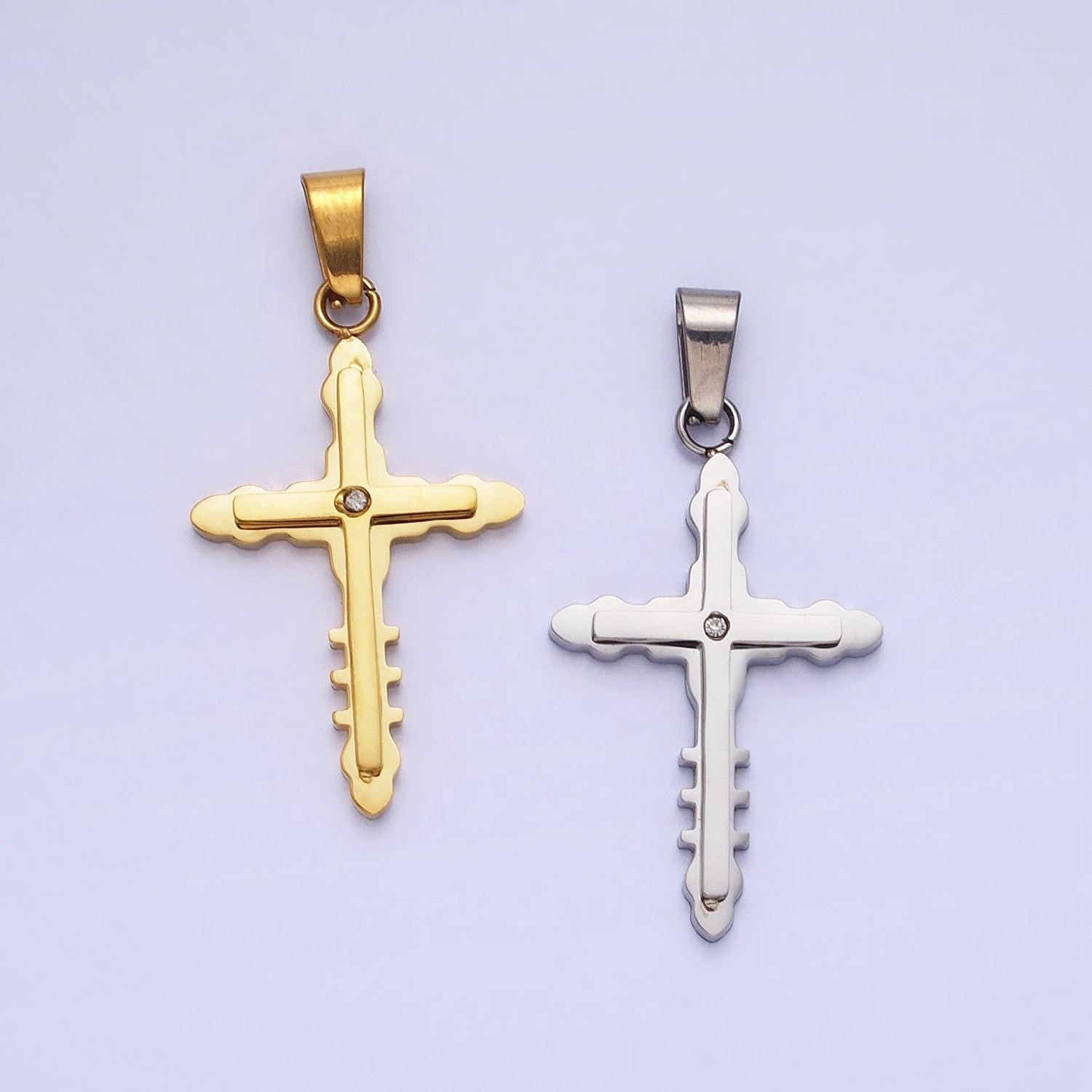 Stainless steel geometric engraved religious cross pendant with cz in silver & gold | p-1081