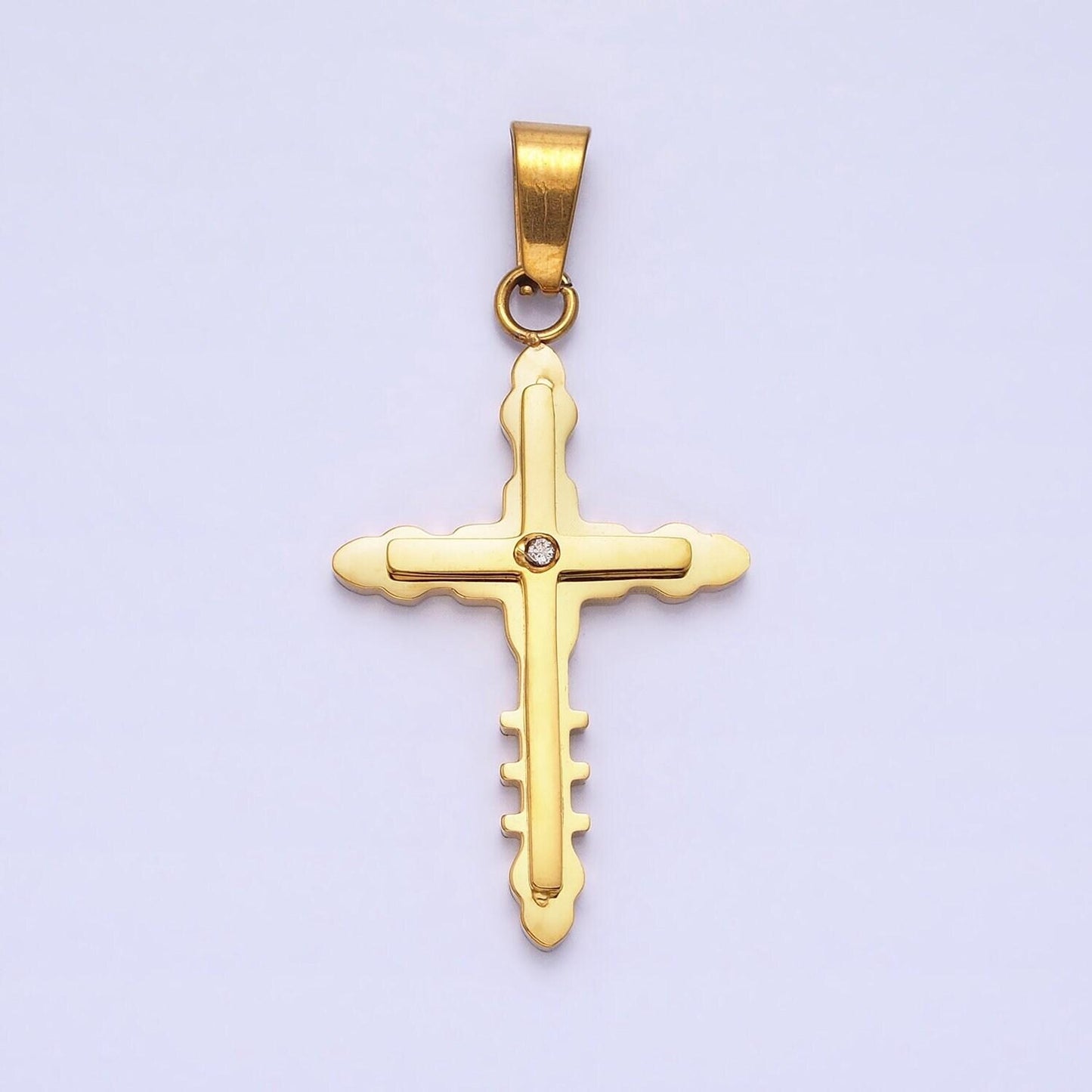Stainless steel geometric engraved religious cross pendant with cz in silver & gold | p-1081