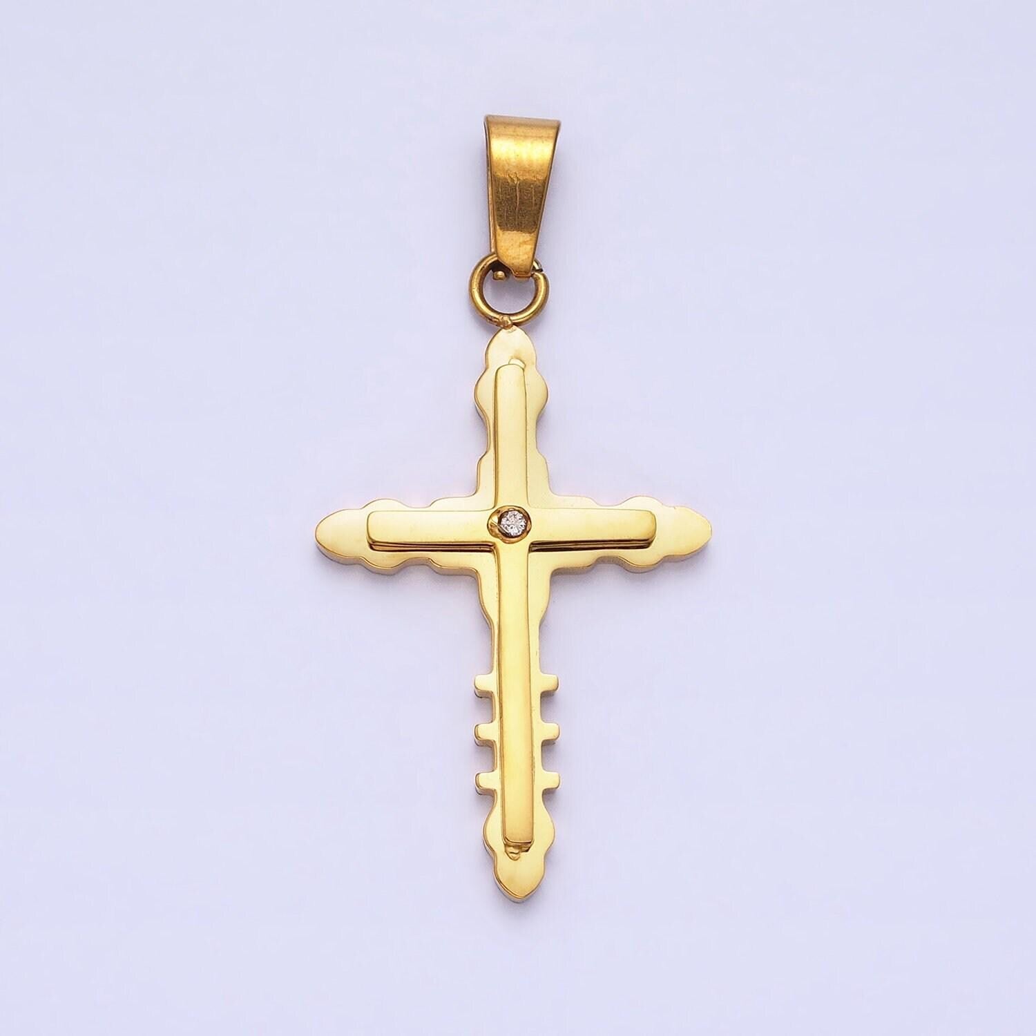 Stainless steel geometric engraved religious cross pendant with cz in silver & gold | p-1081