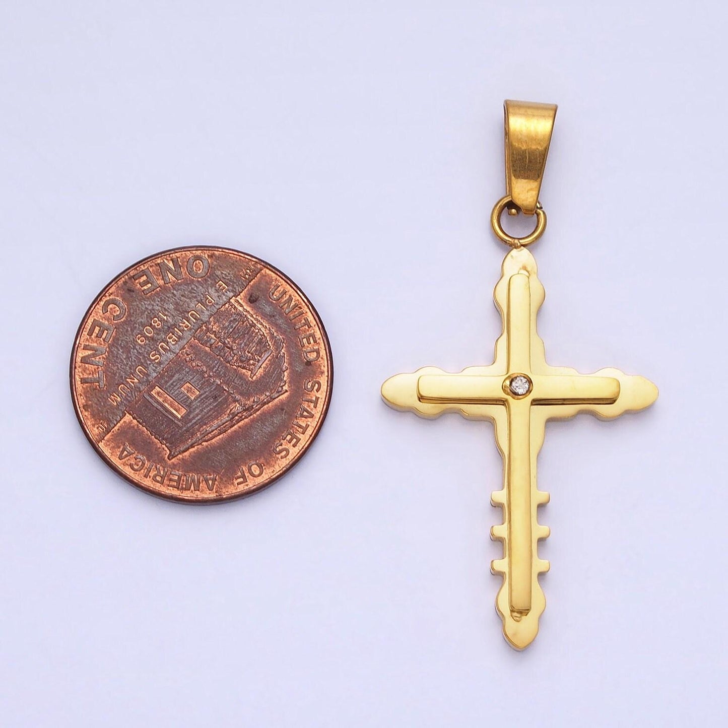 Stainless steel geometric engraved religious cross pendant with cz in silver & gold | p-1081