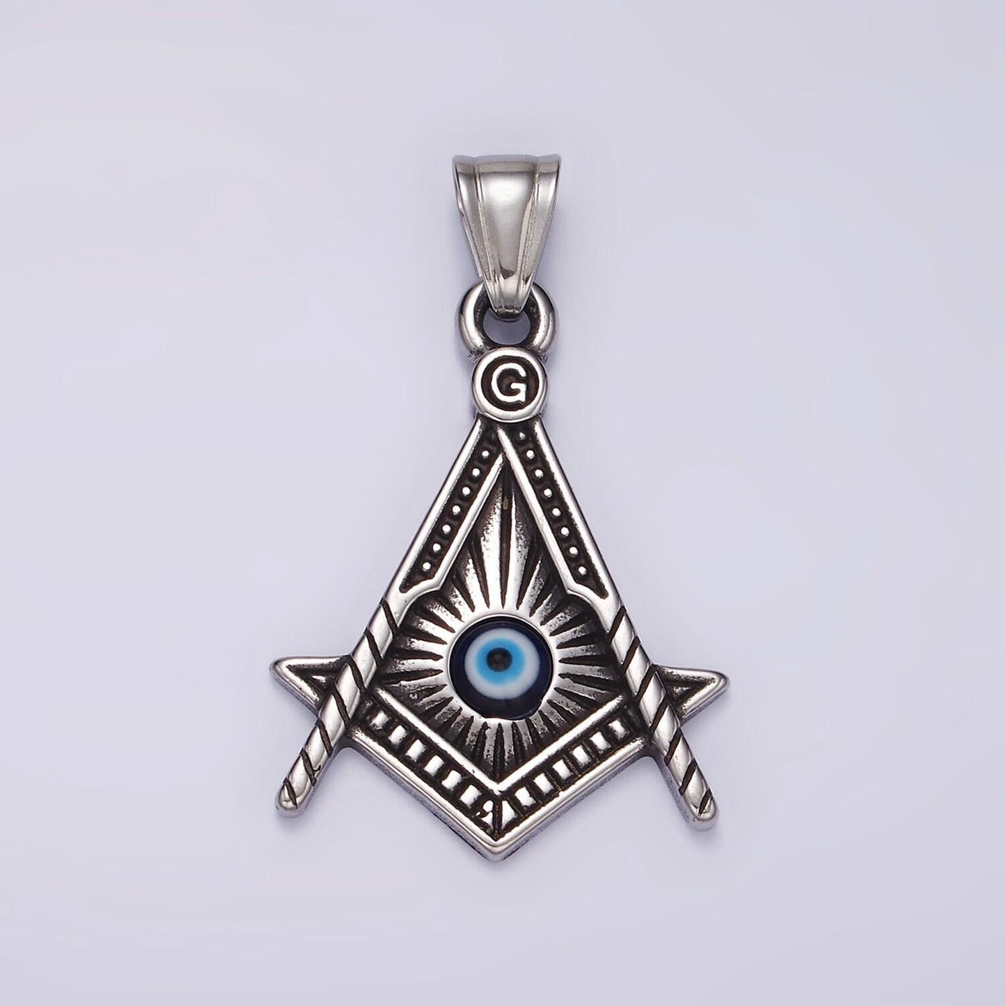 Stainless steel 40mm evil eye artisan lined point arrow pendant | p1059