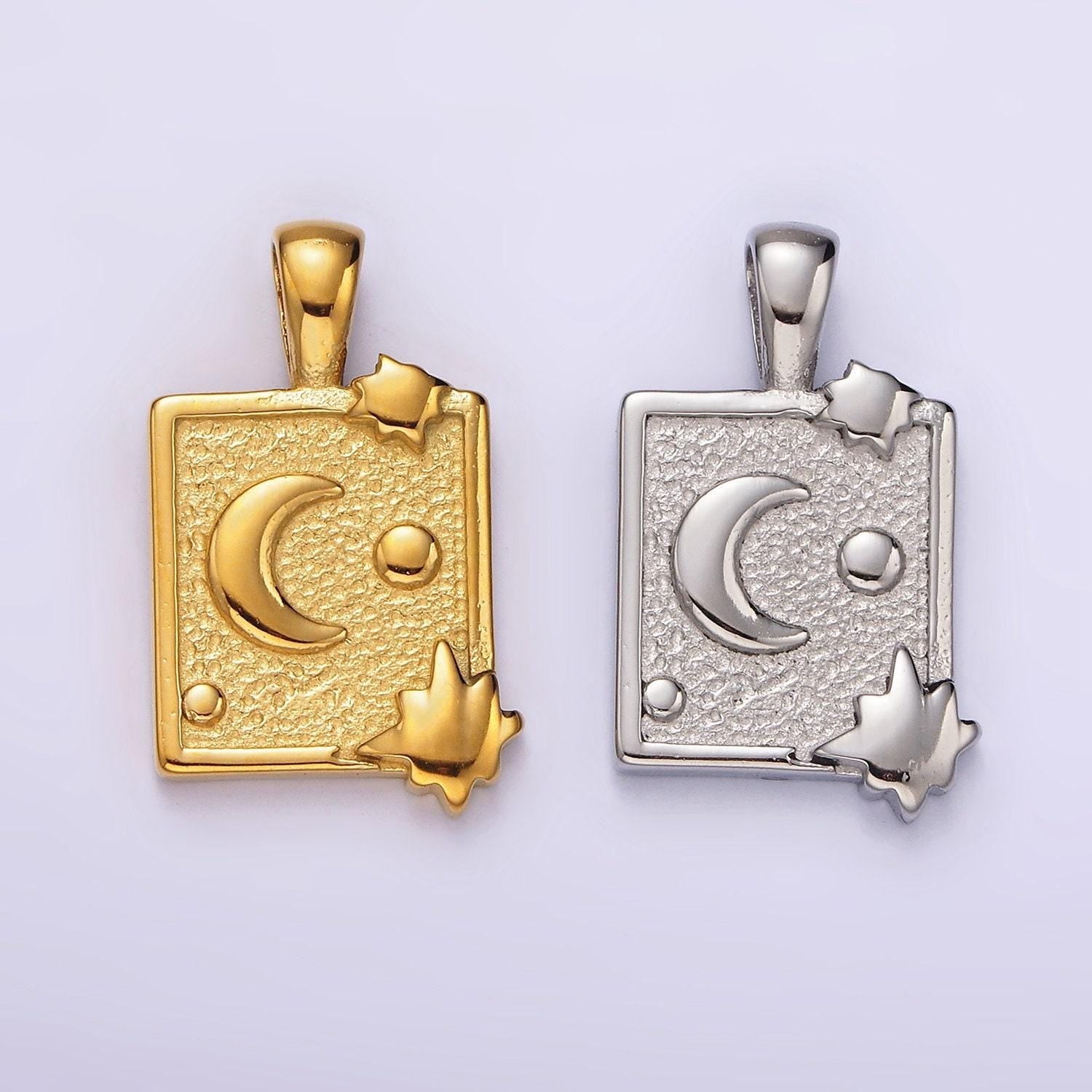 Stainless steel celestial moon stars textured rectangular tag pendant in gold & silver | p1054 p1055
