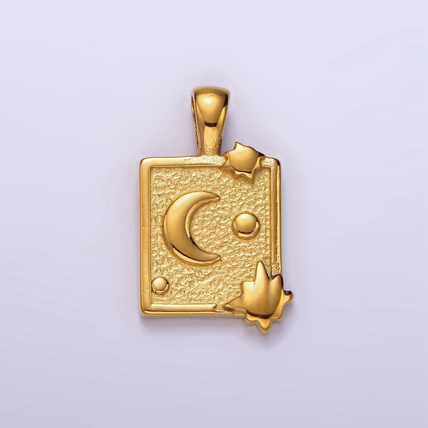 Stainless steel celestial moon stars textured rectangular tag pendant in gold & silver | p1054 p1055