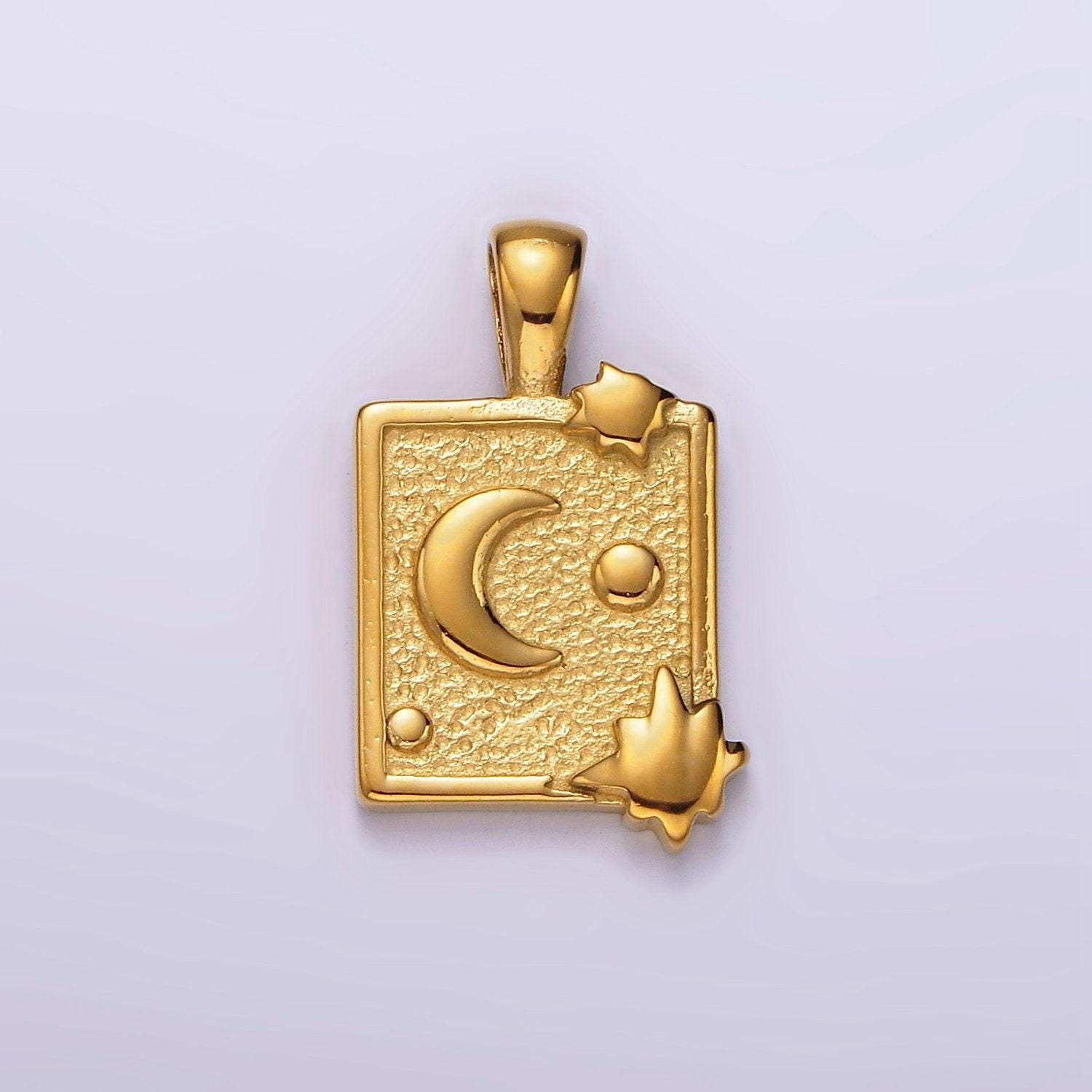 Stainless steel celestial moon stars textured rectangular tag pendant in gold & silver | p1054 p1055