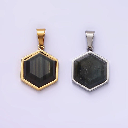 Stainless steel labradorite hexagonal bezel pendant in gold & silver | P1052