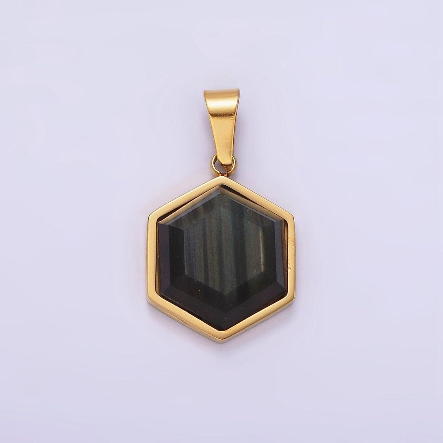 Stainless steel labradorite hexagonal bezel pendant in gold & silver | P1052