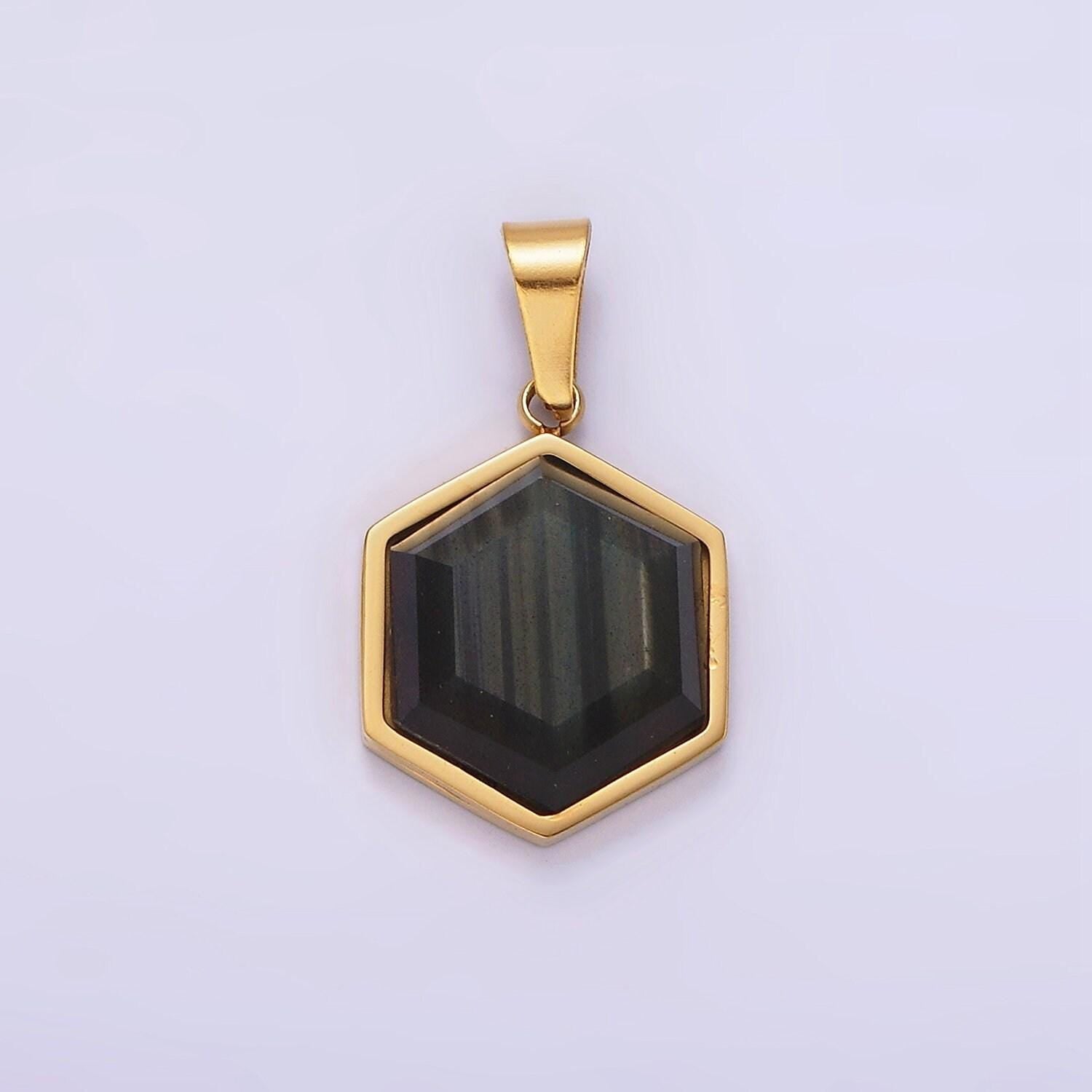 Stainless steel labradorite hexagonal bezel pendant in gold & silver | P1052