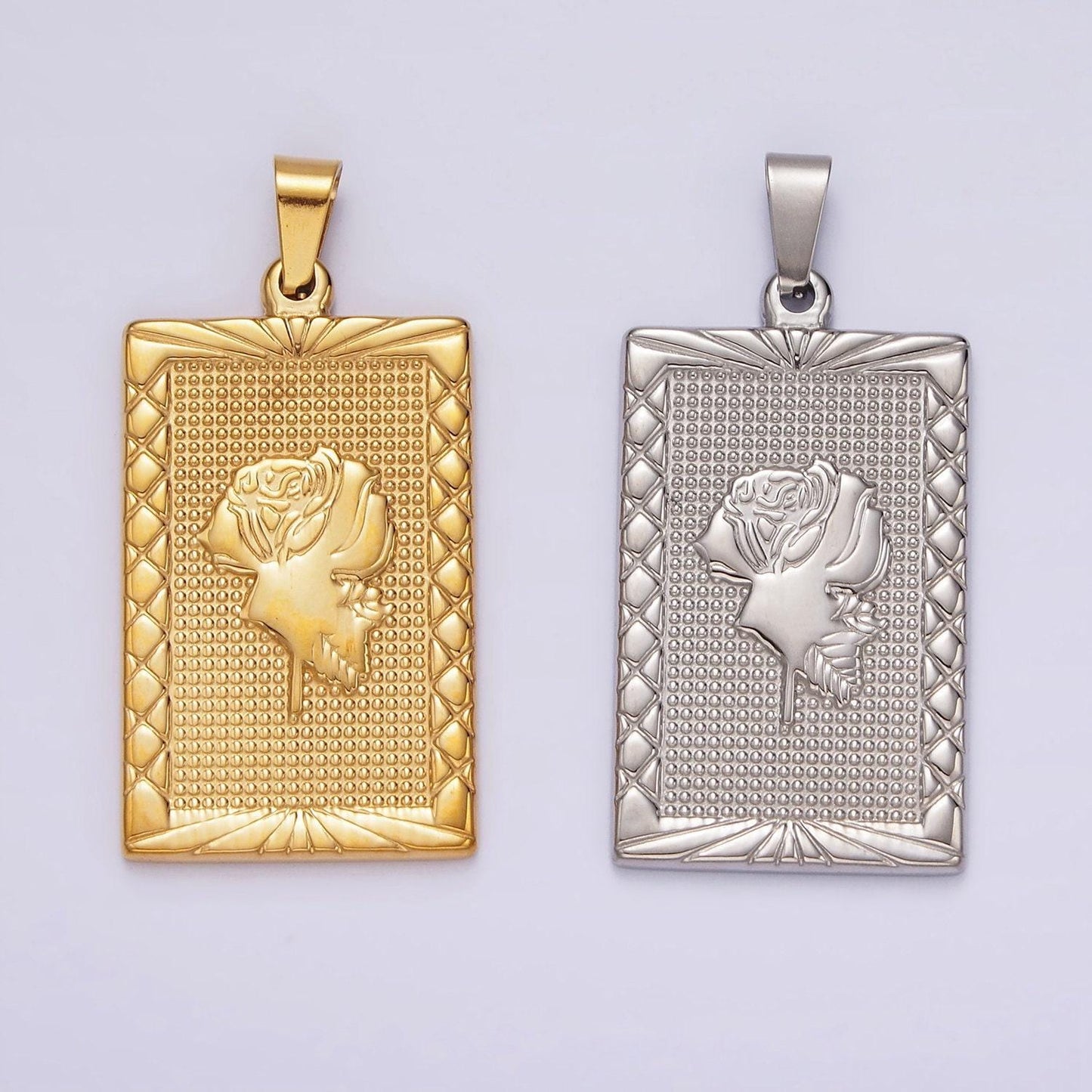 Stainless steel rose flower line-textured rectangular tag pendant in gold & silver | p1050 p1051