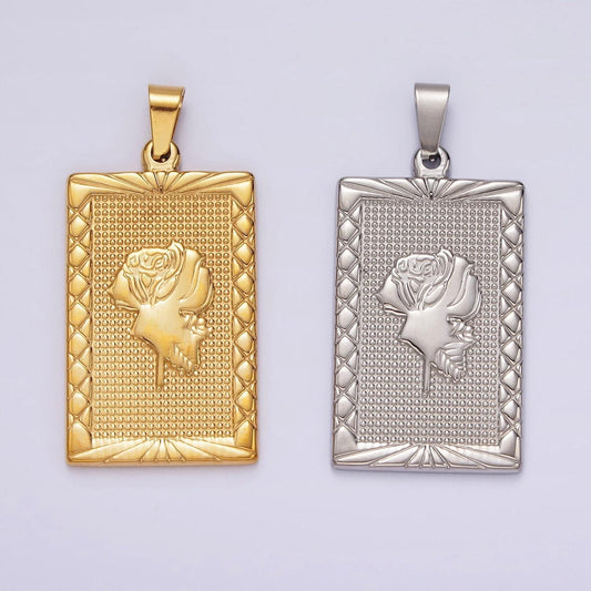 Stainless steel rose flower line-textured rectangular tag pendant in gold & silver | p1050 p1051