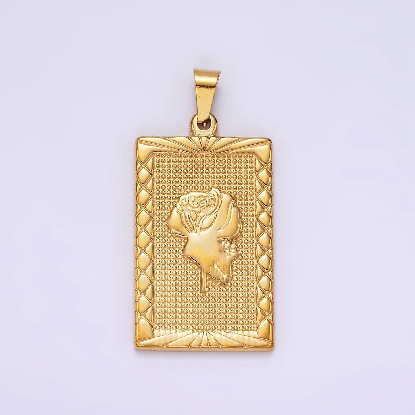 Stainless steel rose flower line-textured rectangular tag pendant in gold & silver | p1050 p1051