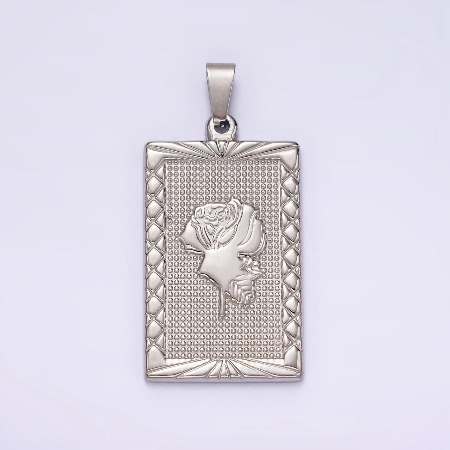 Stainless steel rose flower line-textured rectangular tag pendant in gold & silver | p1050 p1051