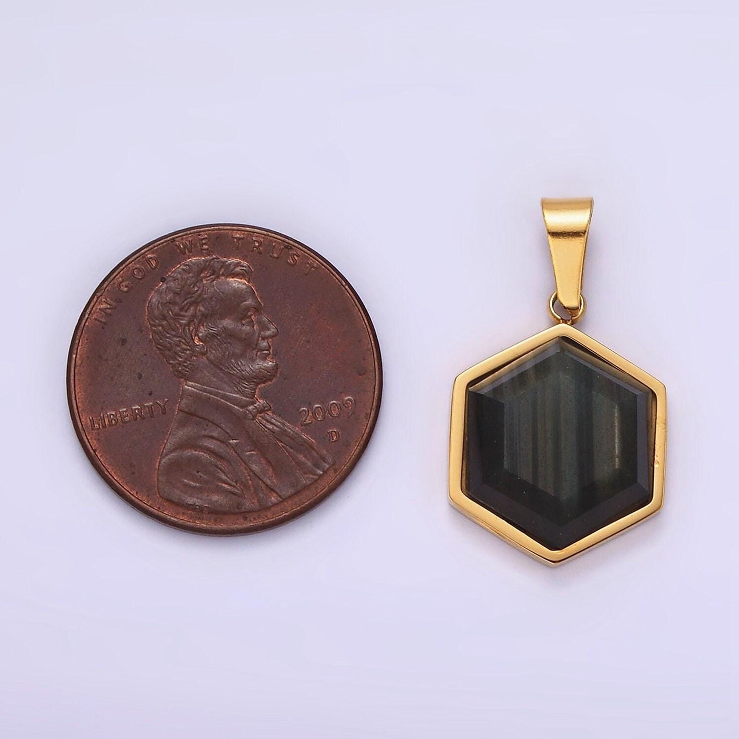 Stainless steel labradorite hexagonal bezel pendant in gold & silver | P1052
