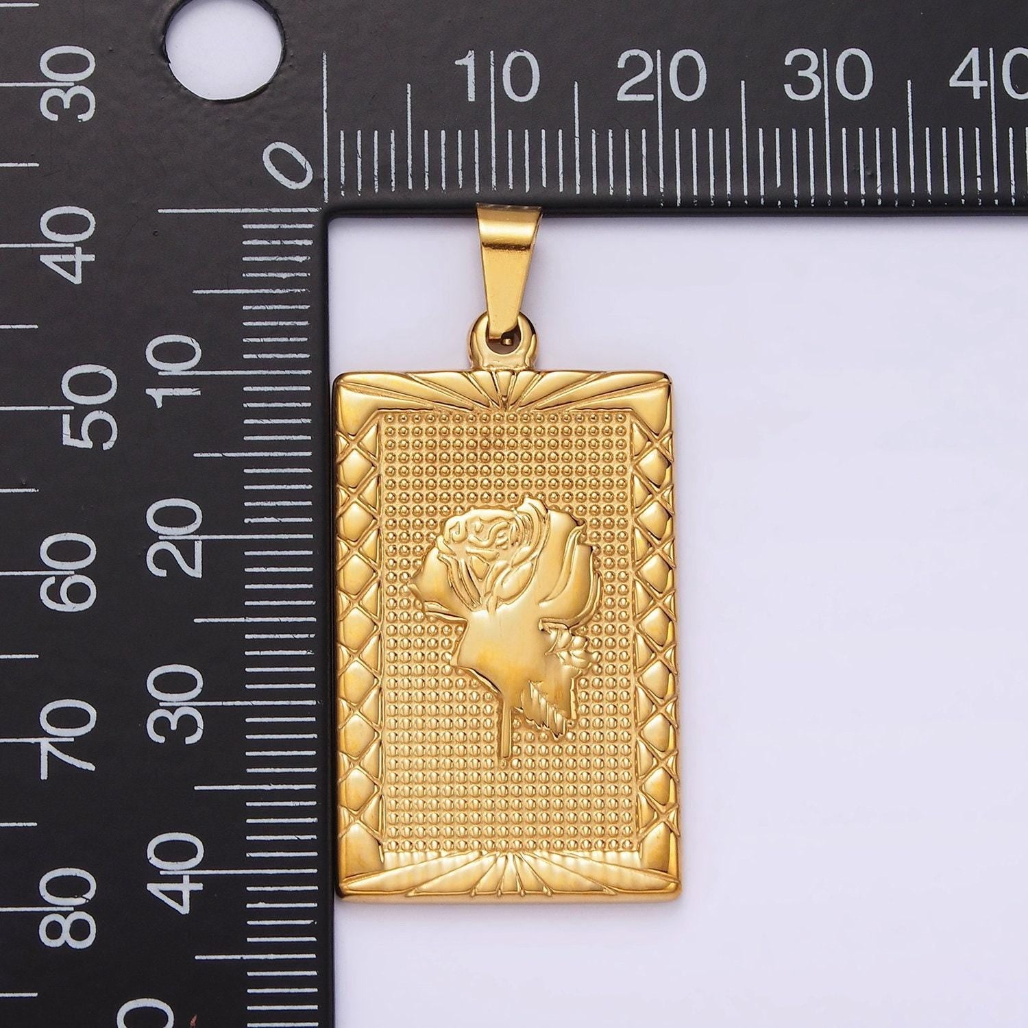 Stainless steel rose flower line-textured rectangular tag pendant in gold & silver | p1050 p1051