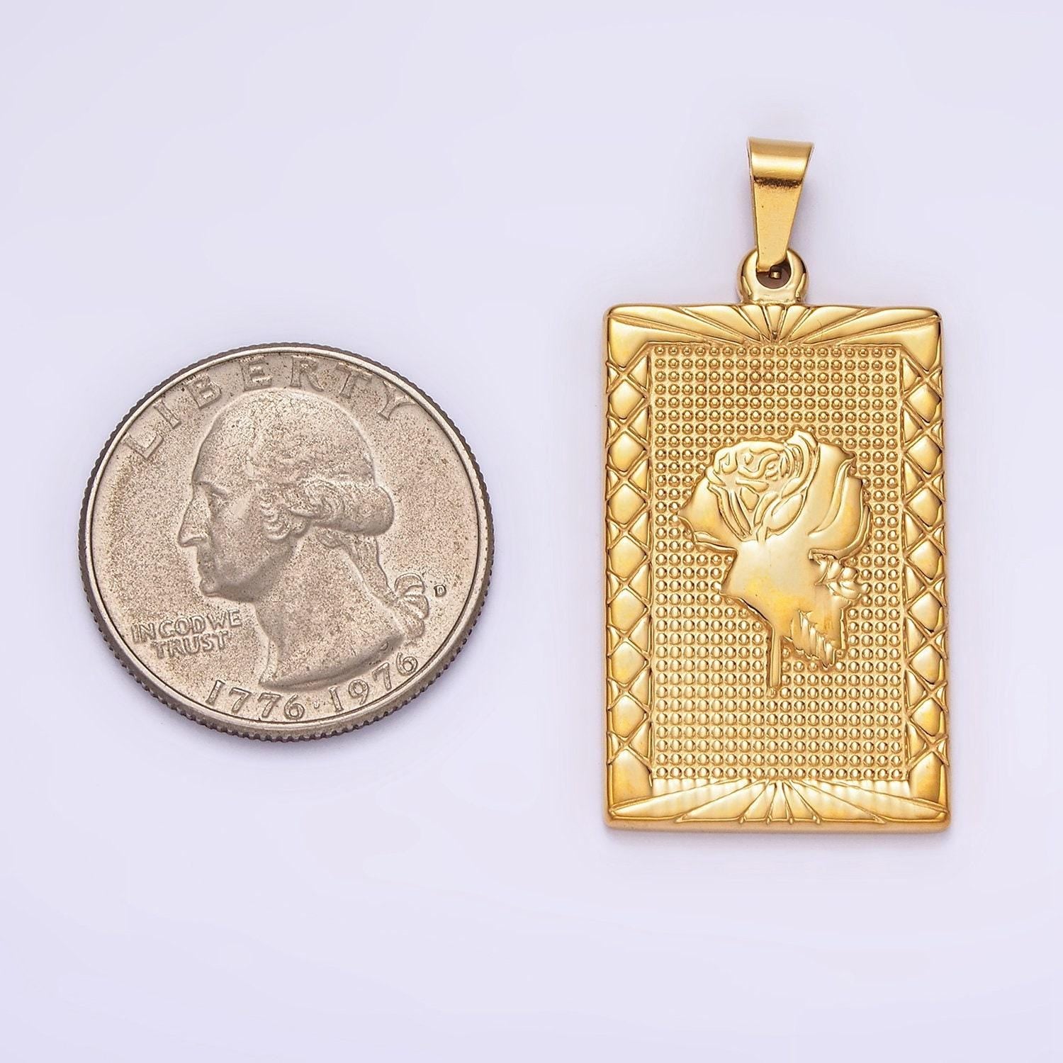 Stainless steel rose flower line-textured rectangular tag pendant in gold & silver | p1050 p1051