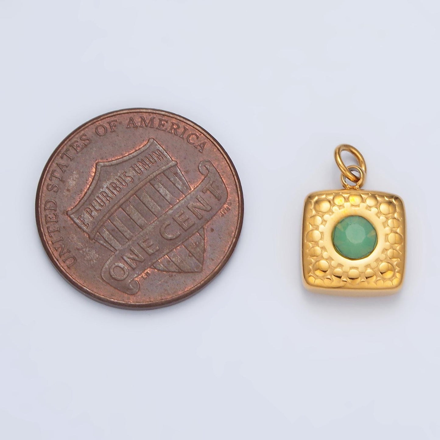 Stainless steel 9mm green aventurine cz textured square mini charm | p-1040