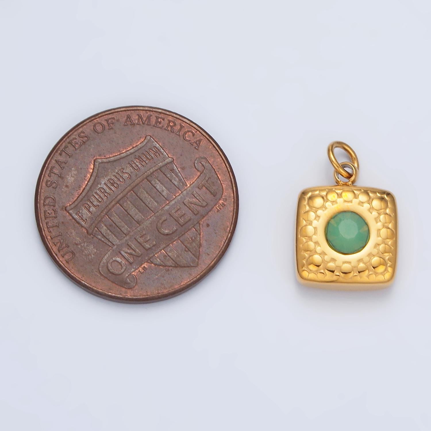Stainless steel 9mm green aventurine cz textured square mini charm | p-1040