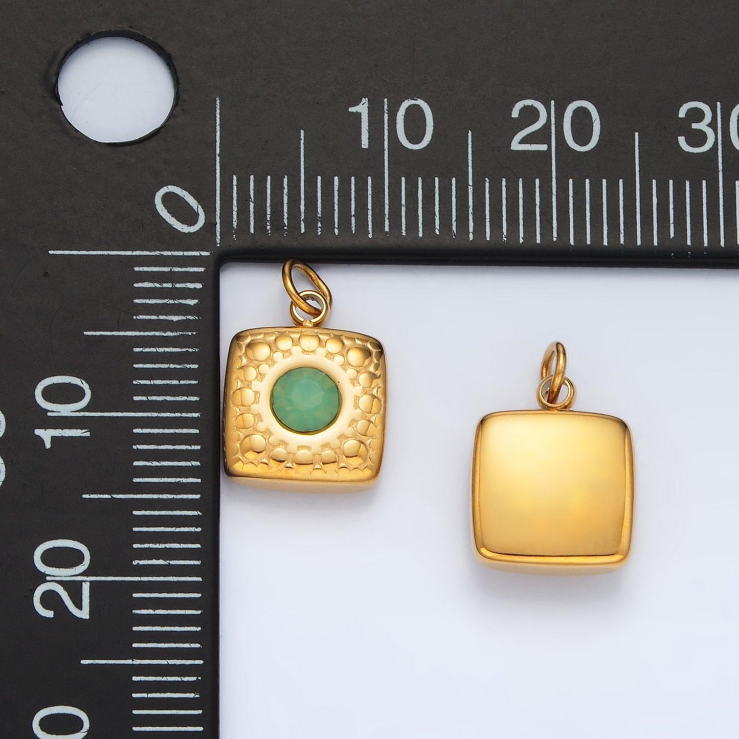 Stainless steel 9mm green aventurine cz textured square mini charm | p-1040