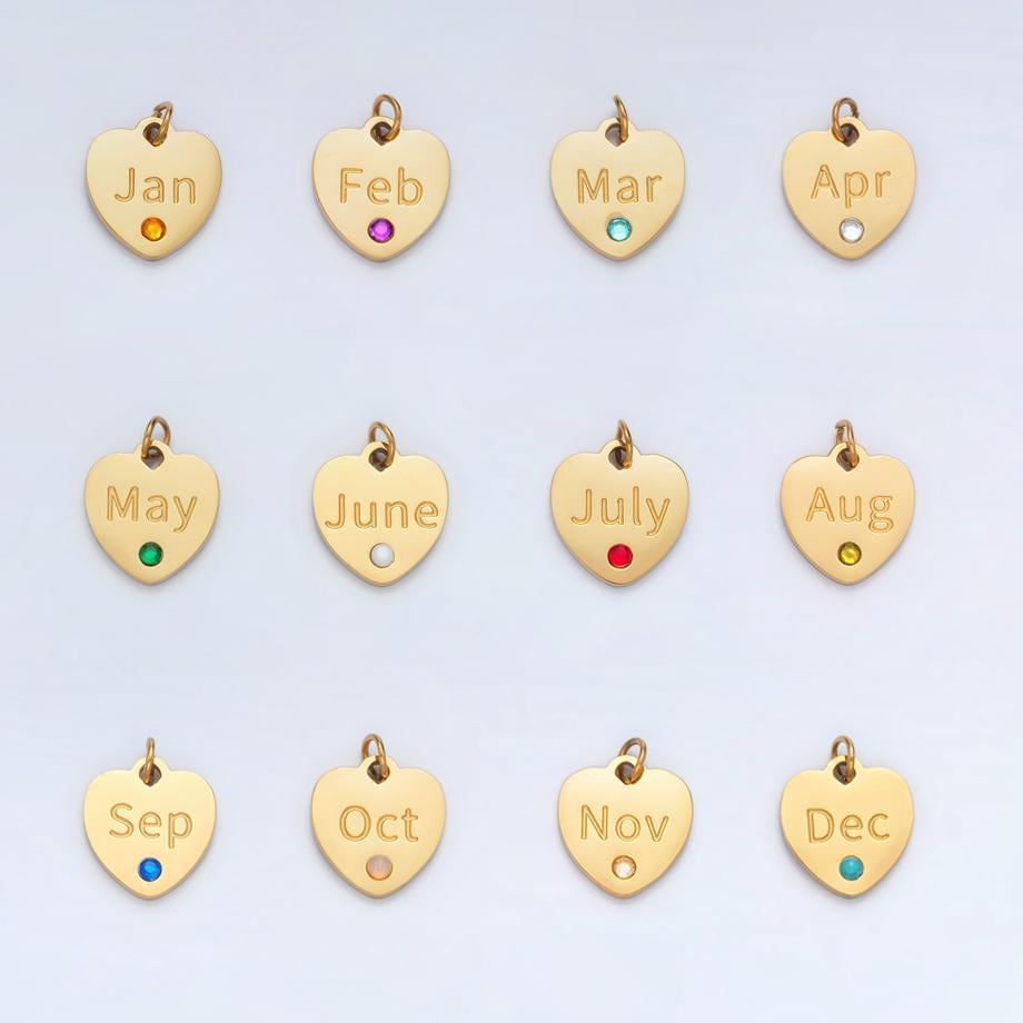 Dainty heart gold stainless steel birthstone cz personalized charm for birthday jewelry gift idea | p1023